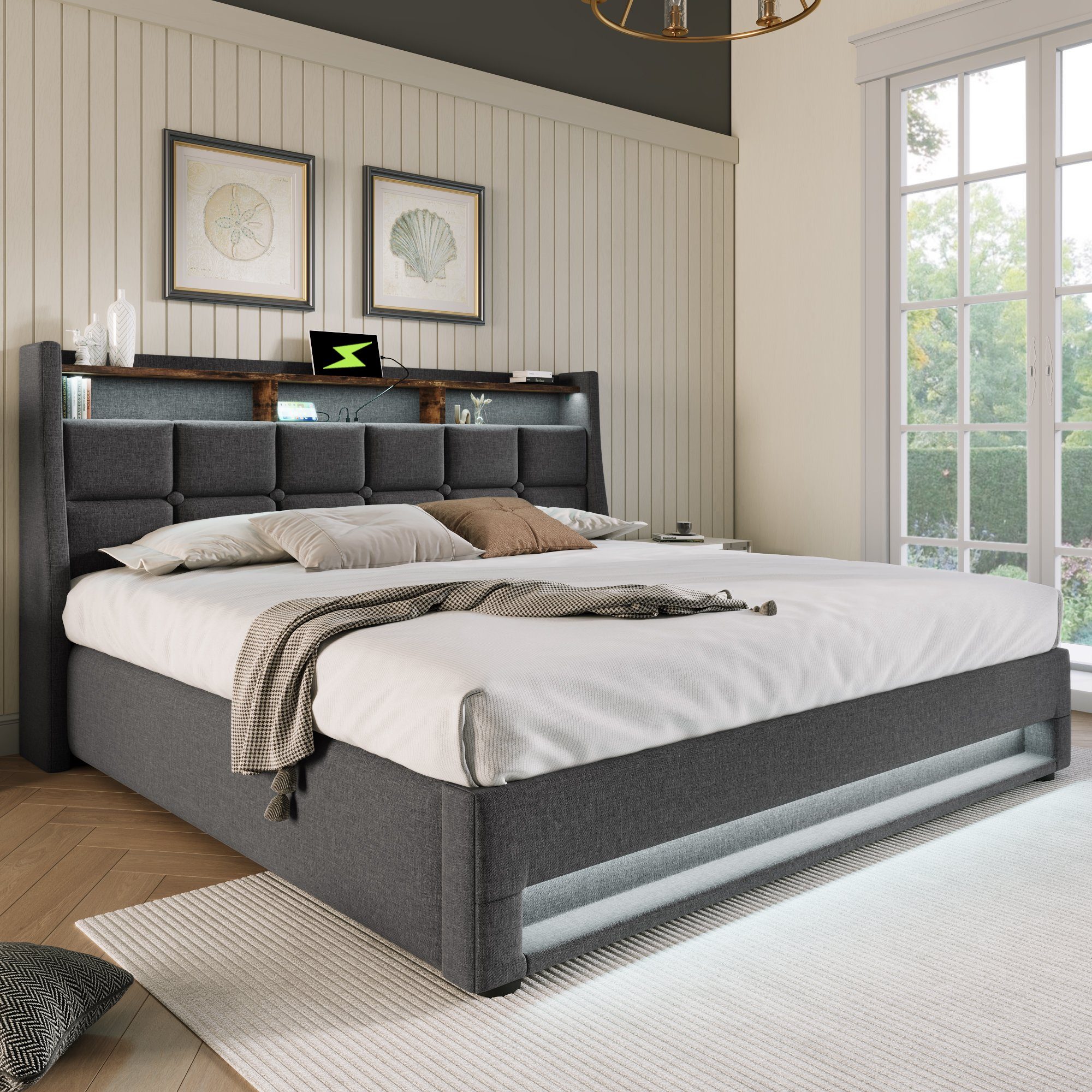 Flieks Polsterbett, Baumwolle-Leinen Bezug Stauraumbett mit USB-Anschluss + günstig online kaufen