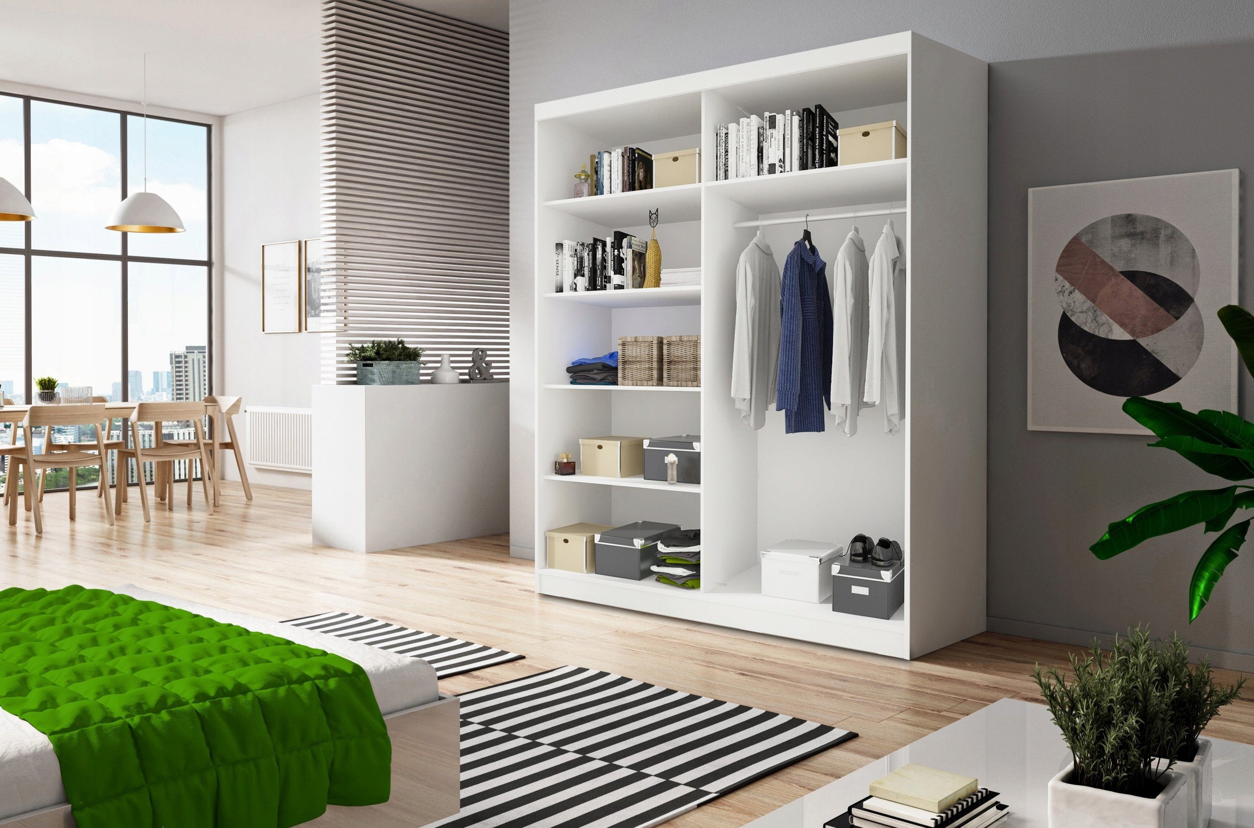 (BxHxT): (mit Gaderobe Craft Spiegel Einlegeböden LARA vielen 05 cm Modern mit Schwebetürenschrank Schrank Design), | Schlafzimmer-Wohnzimmerschrank Schiebtüren Kleiderstange, Kleiderschrank und 150x200x61 Eiche 2-türig Weiß MOEBLO