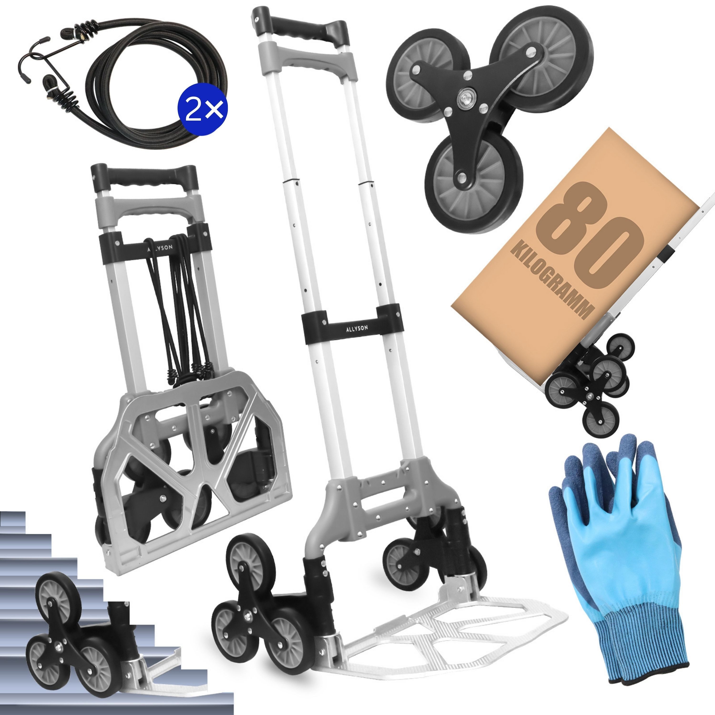Allyson Treppensackkarre Sackkarre Treppensteiger, Transportwagen Sackkarre klappbar, (Inklusive Sicherheitshandschuhe und Spanngurte), 80 kg Tragkraft, Sechsrädersystem