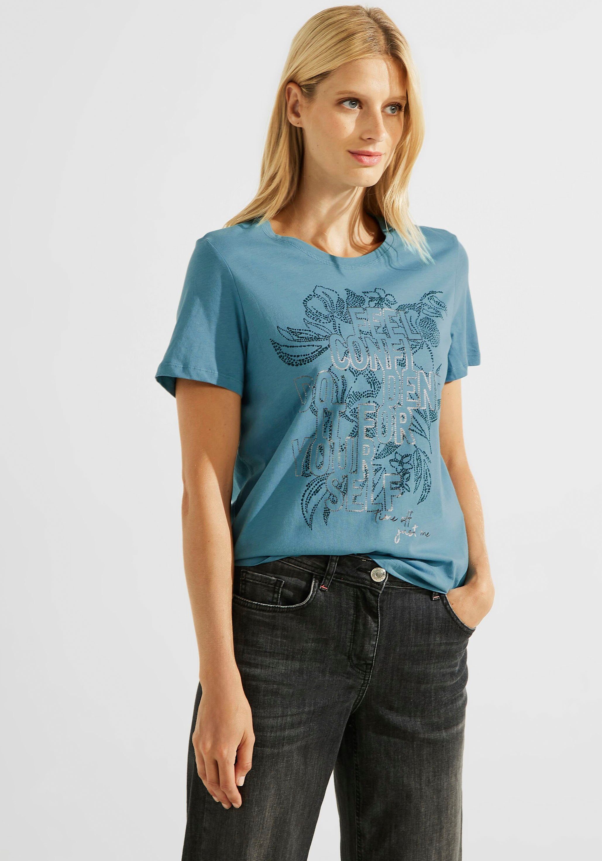 Cecil T-Shirt mit Steinchendetails adriatic blue | 