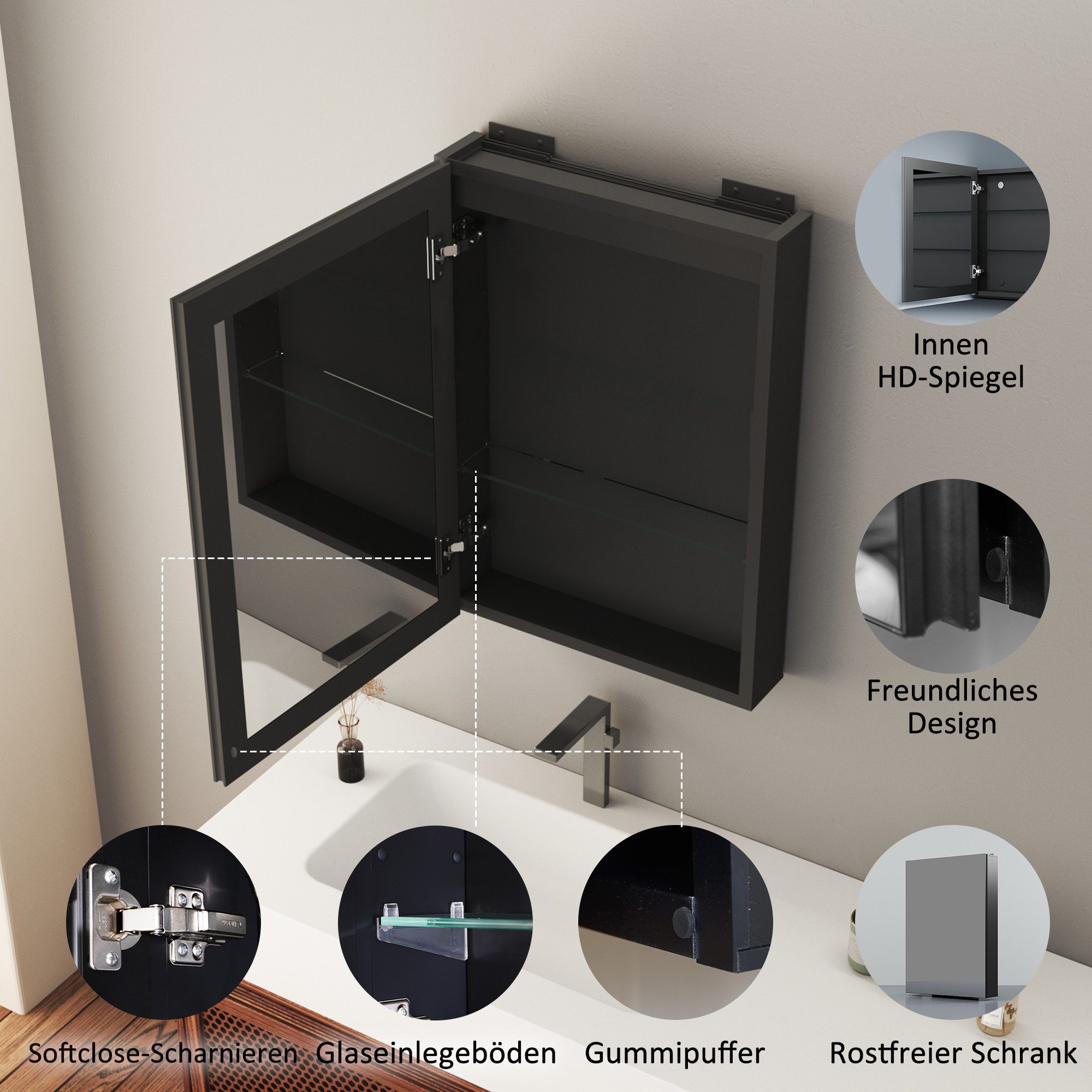 Hopibath Badezimmerspiegelschrank mit ablage Aluminium Spiegelschrank Bad Schwarz 2-türig 1-türig Eckig (Wandschrank Badezimmer Badmöbel Badschrank, 80x60, 50x70, 40x60cm) Doppelseitiger Spiegel, Verstellbare Glasböden, Softclose-Scharnieren