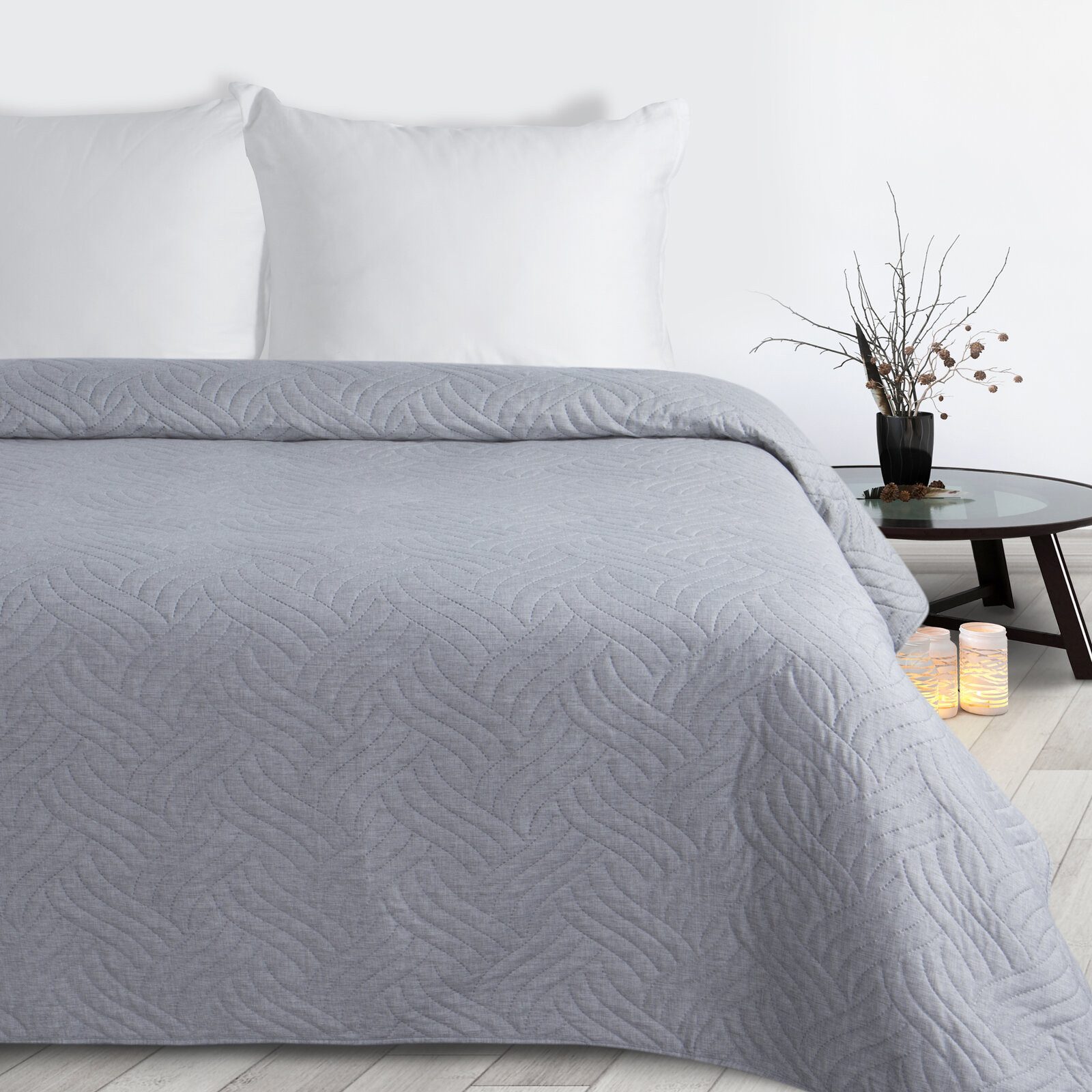 Eurofirany Tagesdecke LEINOPTIK, Karomuster Steppung Doppelbett Überwurf Einfarbig Grau Beige