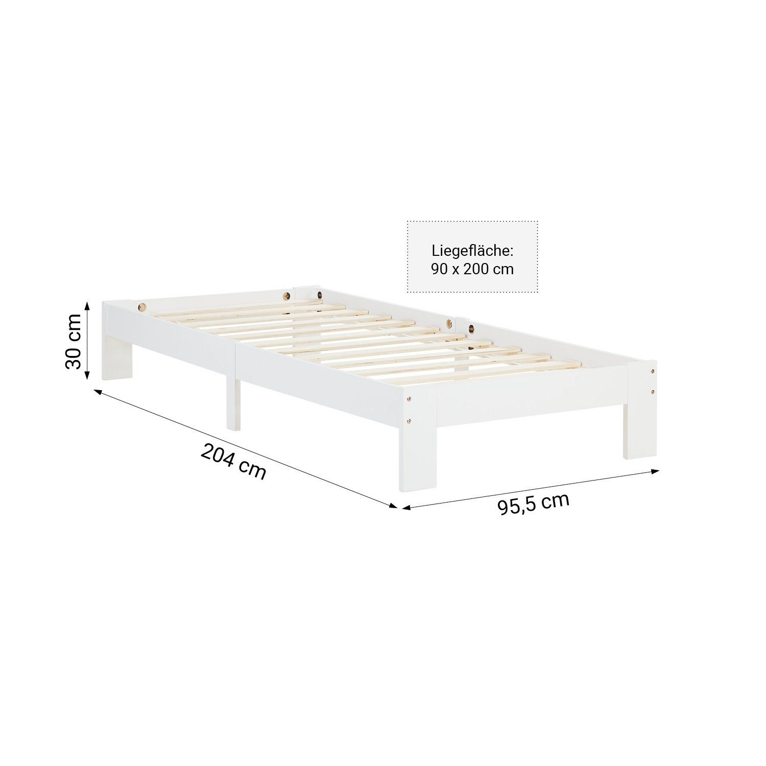 Homestyle4u Holzbett 90x200 Einzelbett ohne Kopfteil Weiß Bett Gästebett Jugendbett (Set, mit Lattenrost), Massivolz Kiefer