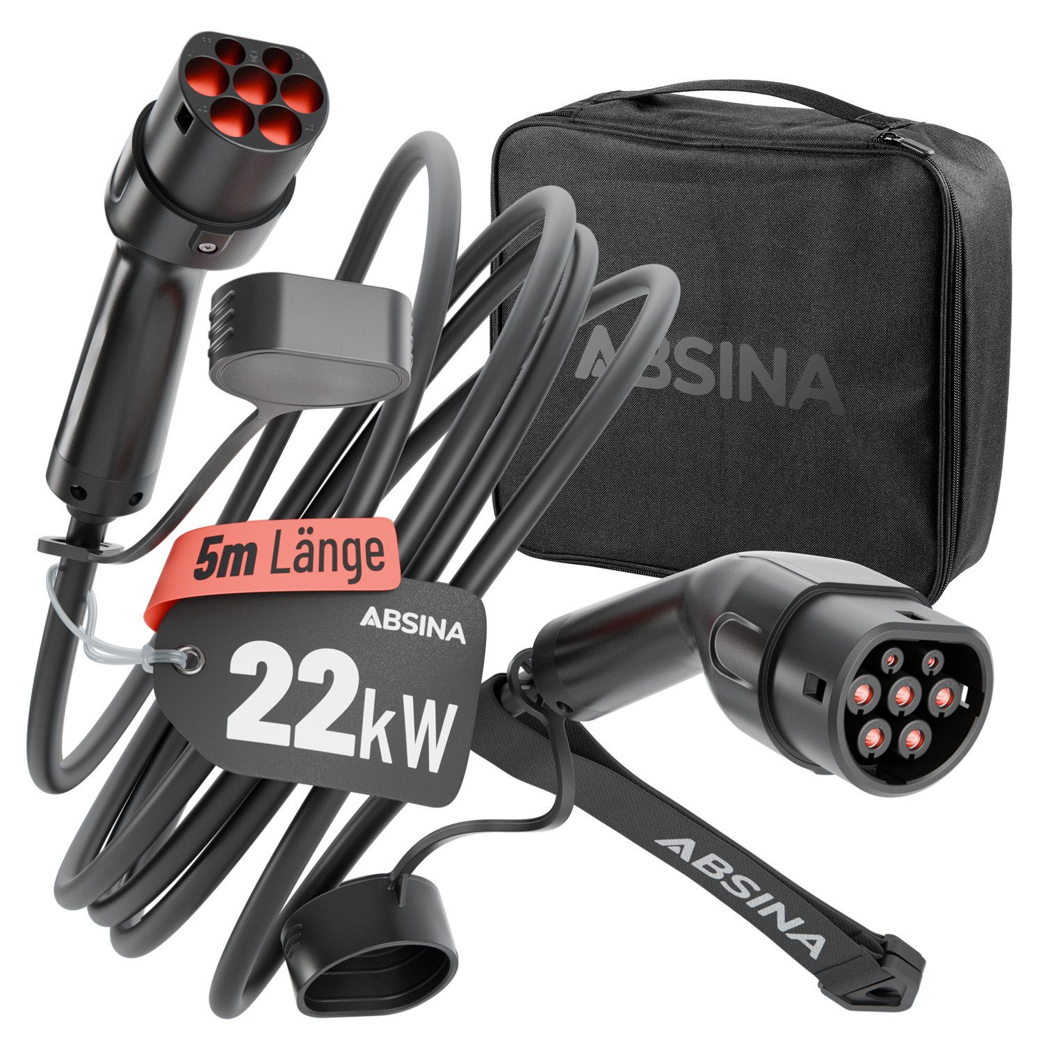 ABSINA Typ 2 Ladekabel 22kW 32A 5 Meter 3-phasig Mode 3 für E-Auto Elektroauto-Ladegerät (32000 mA, 1-tlg., 1 & 3 phasig, IP65 Zertifizierung, 10.000 Steckerzyklen)