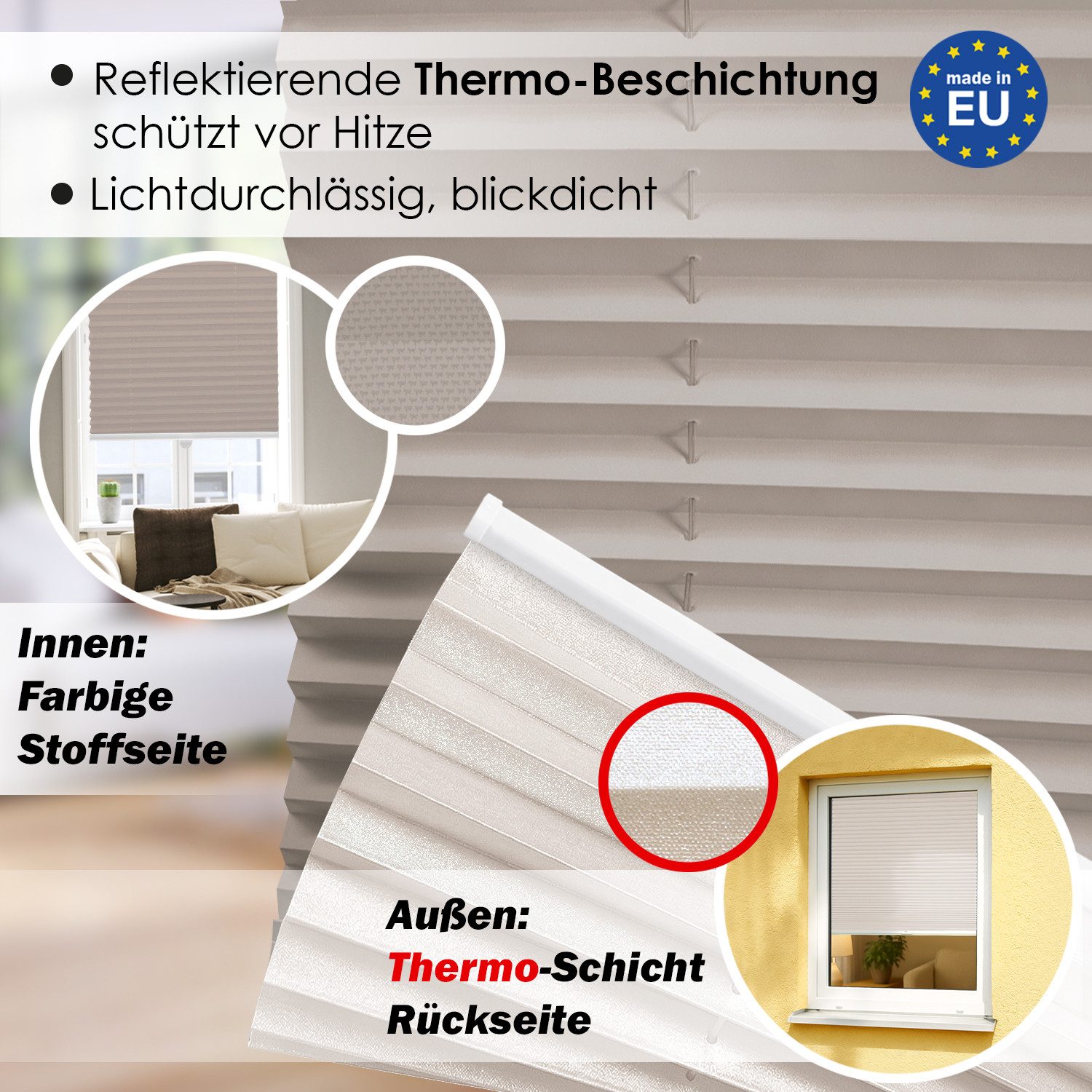 DomDeco Plissee Premium Thermo Plissee ohne Bohren, Sichtschutz, lichtdurchlässig, blickdicht, Klemmfix, Thermo-Wärmeschutz, verdunkelnd, blickdicht, Stufenlos