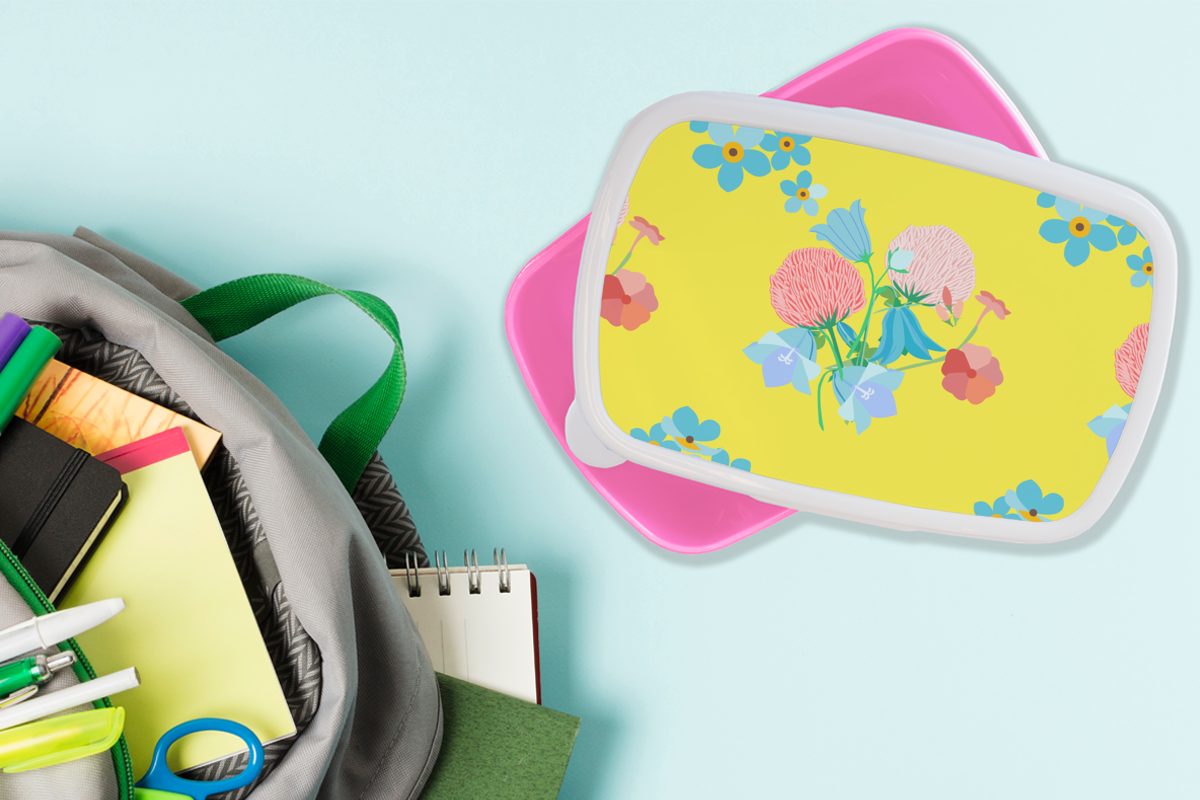 Blumenstrauß Muster, - für Frühling rosa Lunchbox Kunststoff Kunststoff, Mädchen, Snackbox, Erwachsene, (2-tlg), Brotbox - - MuchoWow Brotdose Kinder, Blumen