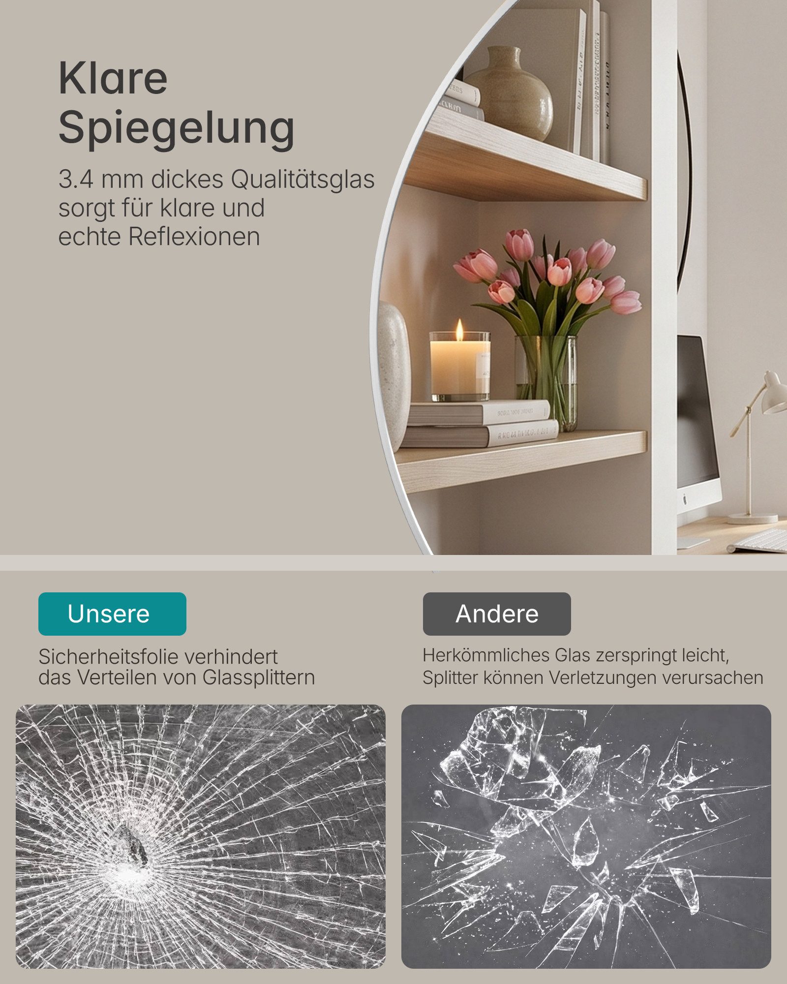 OTTO home Spiegel Wandspiegel Addrik, wahlweise in 2 Größen 60x60cm oder 80x80cm (Rahmen aus Metall, Aluminium), runde Form, in verschiedenen Farben – Bild 5 von 5