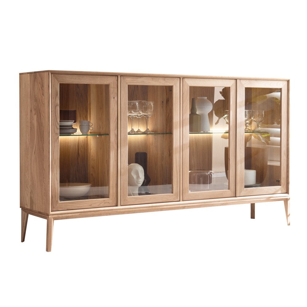 Lomadox Sideboard CUNEO-137, in Eiche massiv gölt Vitrinentüren Beleuchtung 177,7x100,5x41,5 cm