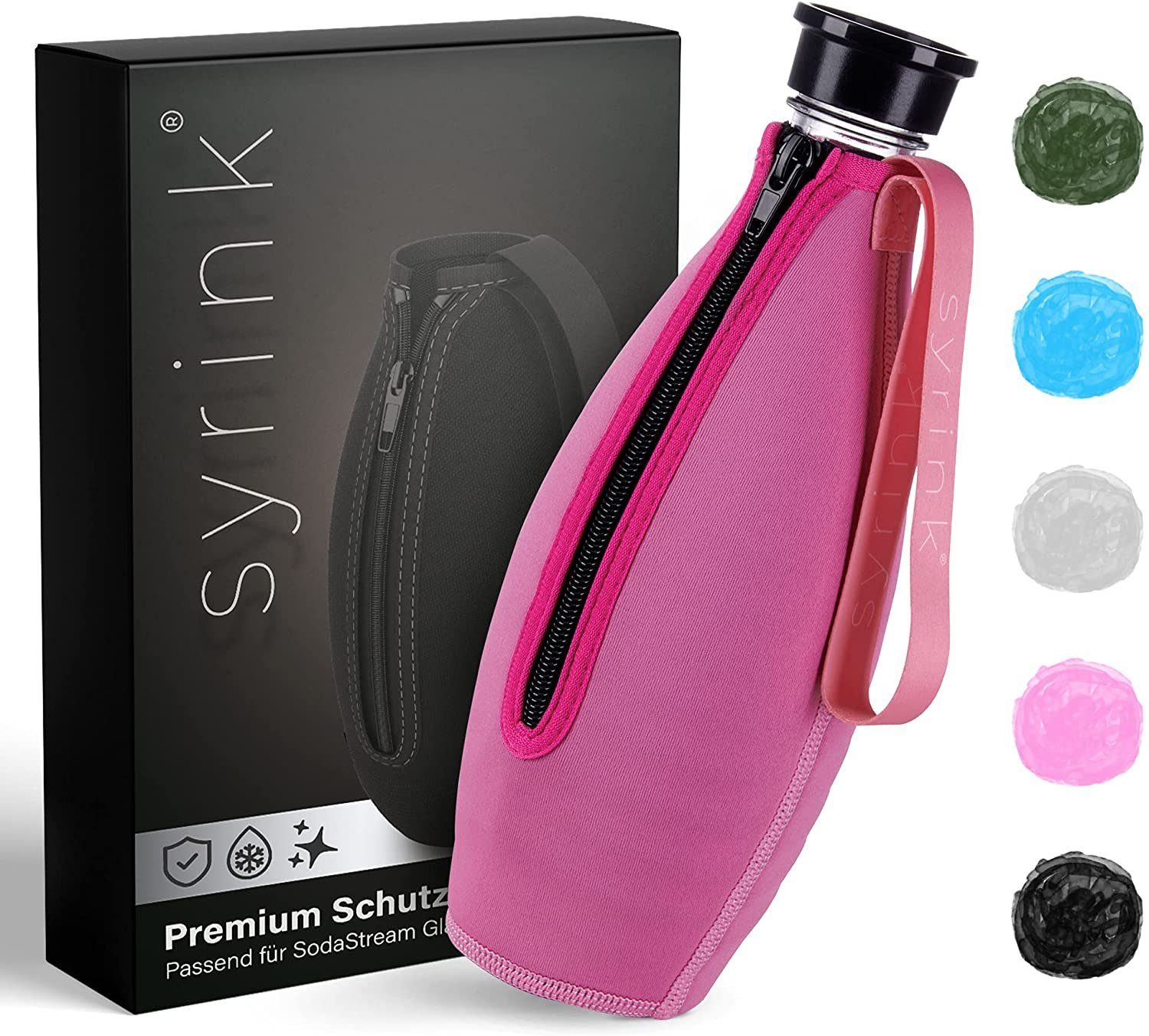 ROXUS Thermoflasche SYRINK® Thermohülle kompatibel mit SodaStream Crystal 2.0 Glasflasche, Neoprenschutzhülle pink