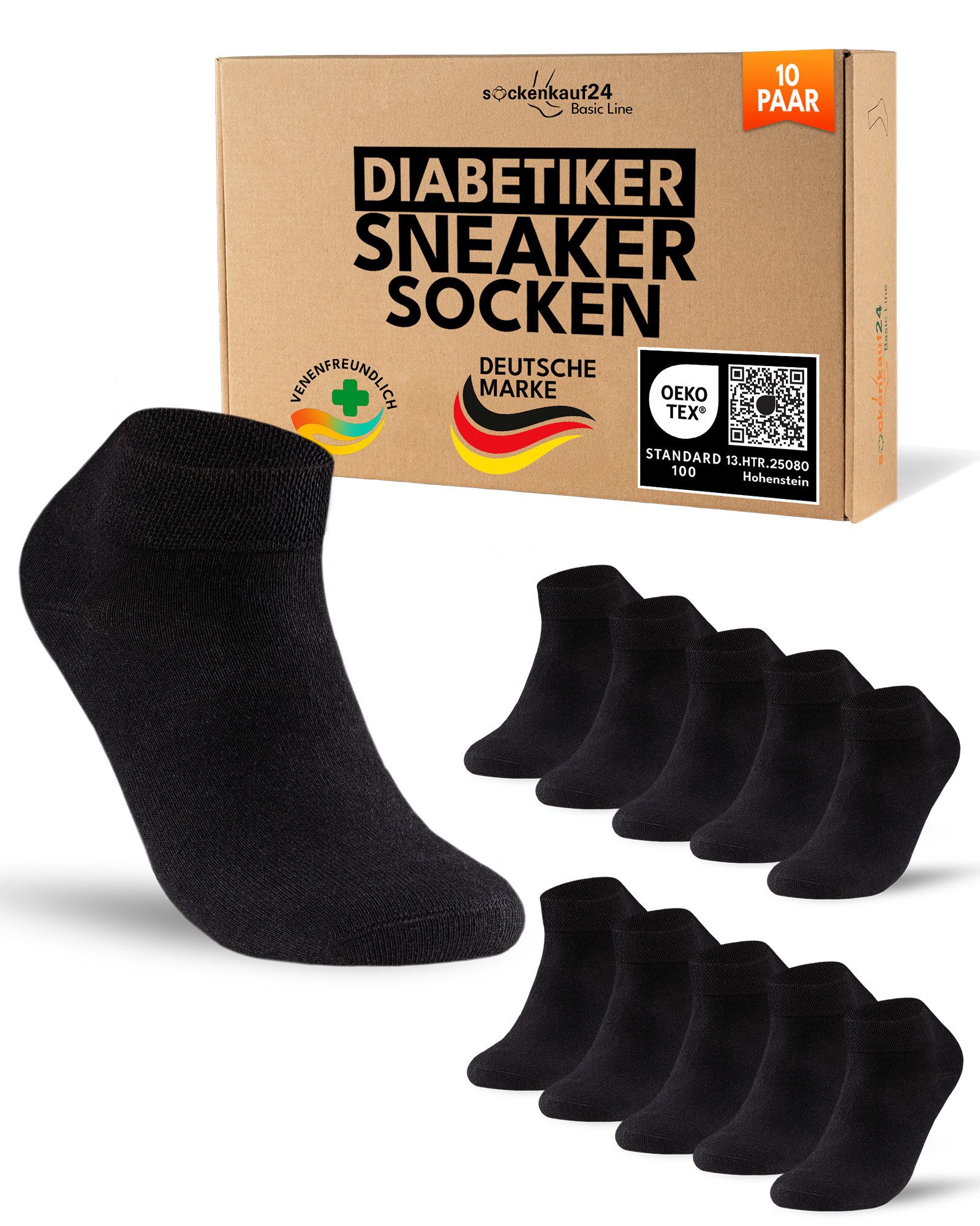 sockenkauf24 Diabetikersocken Sneaker Socken Diabetiker ohne Gummibund & ohne Naht Baumwolle (10-Paar) Diabetiker Socken mit Komfortbund ohne Gummi für Damen & Herren