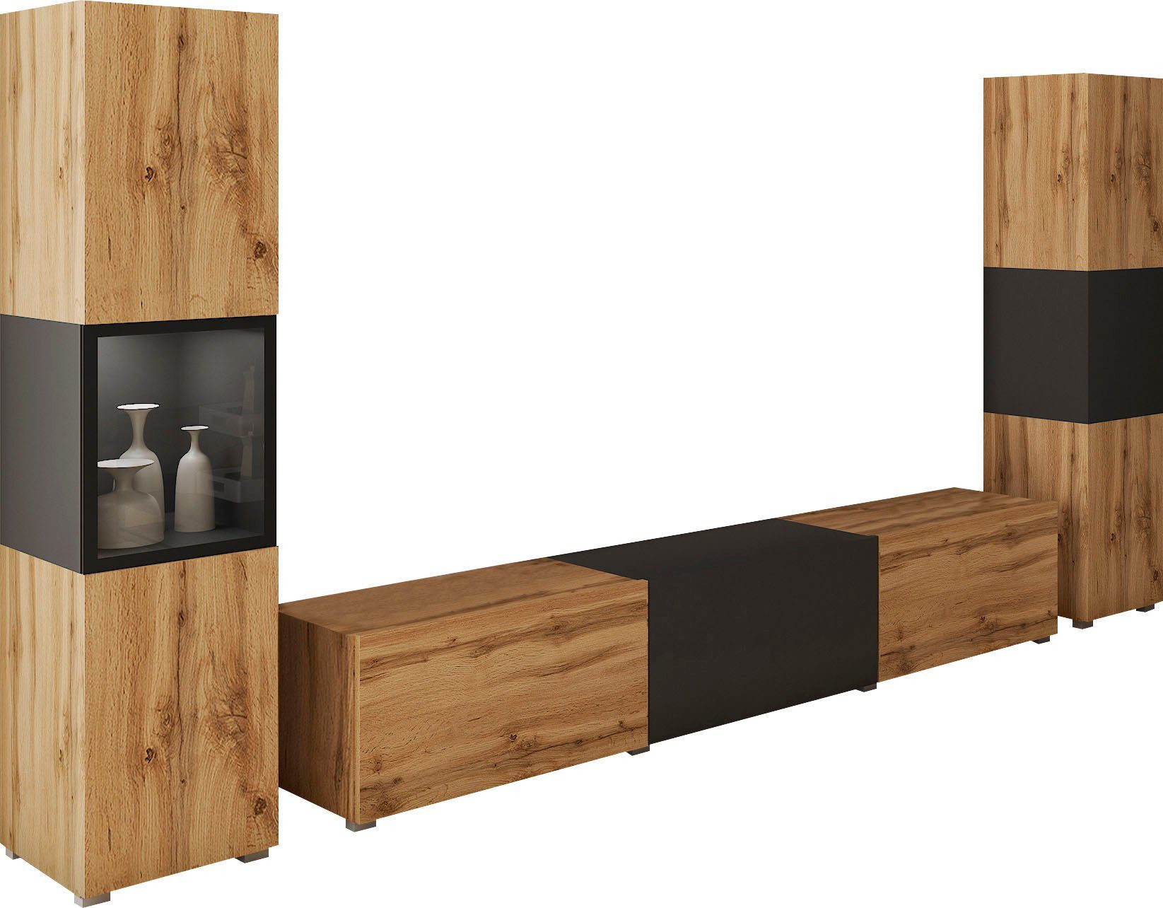 INOSIGN Wohnwand BERLIN III, Vitrine Türschlag links/rechts wechselbar, (Komplett-Set, 3-St), moderne grifflose Mediawand Breite 260 cm, Vitrine mit Verglasung