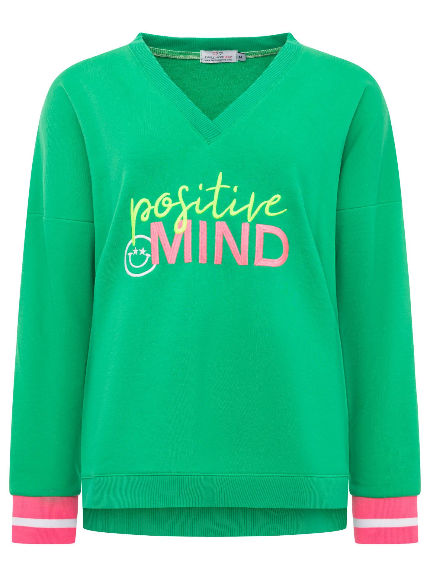 Zwillingsherz Hoodie "Positive Mind" neonfarbenen Bündchen, V-Ausschnitt, Seitenschlitze, Langarm