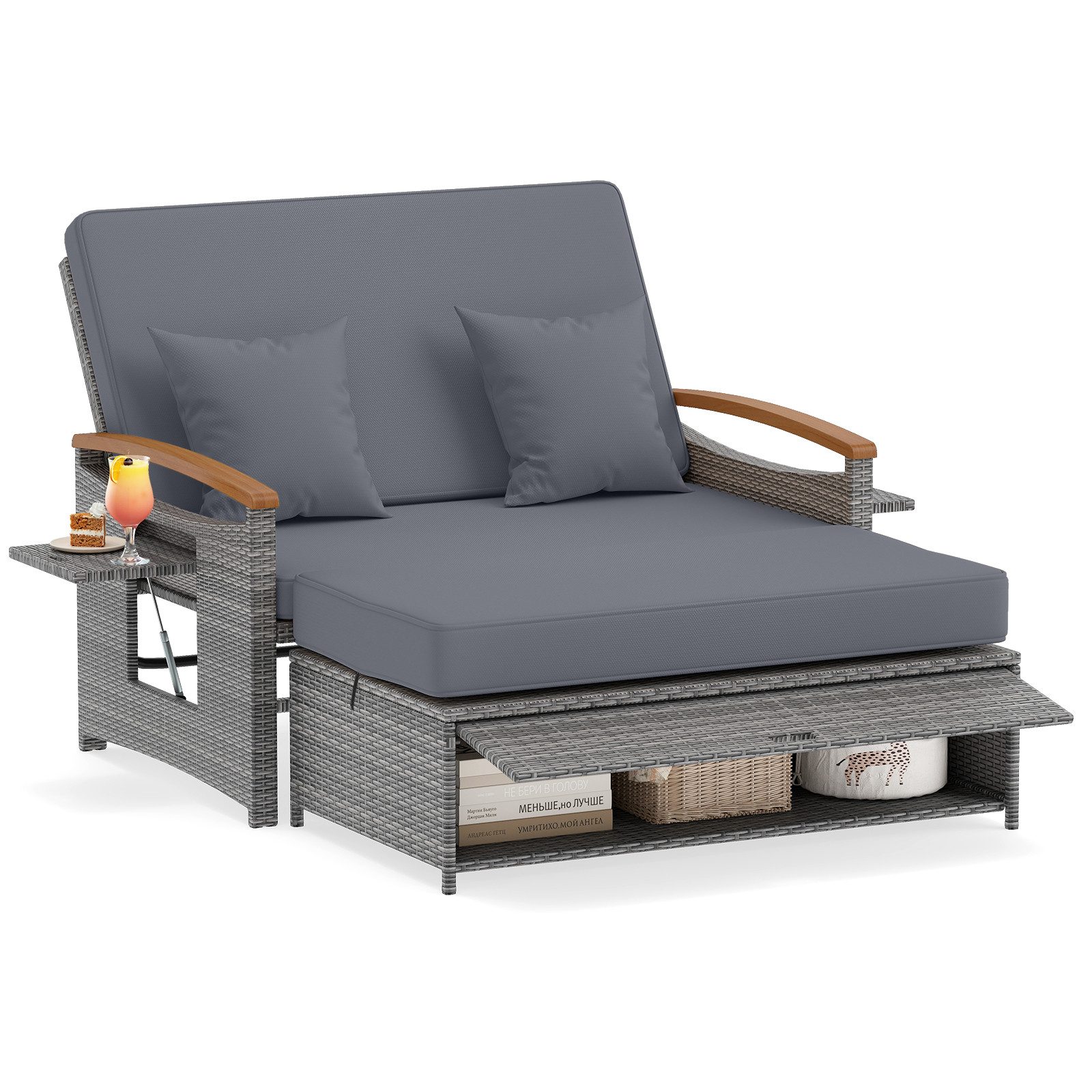 COSTWAY Loungebett outdoor, Rattan, 2-Personen, Gartenliege mit verstellbarer Rückenlehne