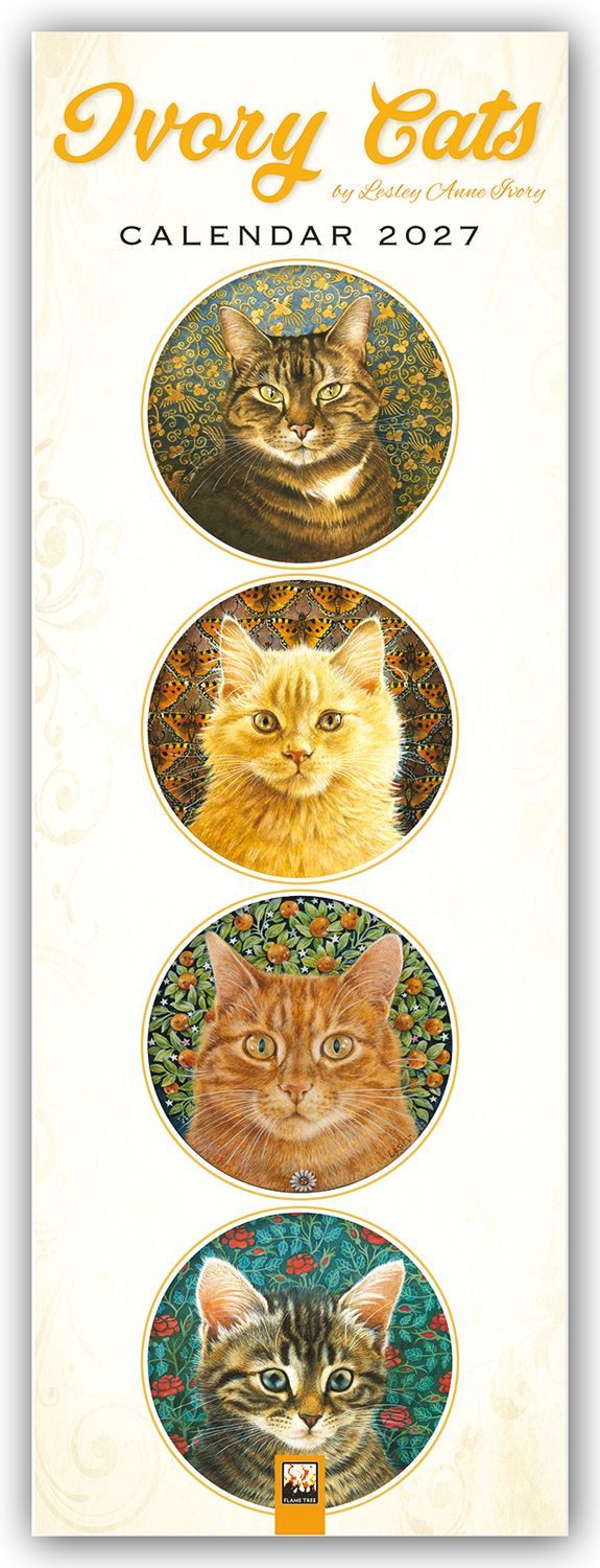 Tierkalender Ivory Cats – Gemalte Katzen – Slimline-Kalender 2027 – Original Flame