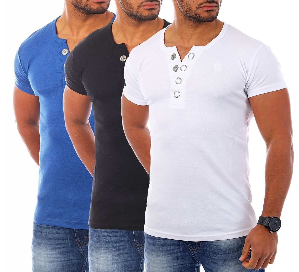 Young & Rich T-Shirt Herren basic fein gerippt mit trendigen extra großen Knöpfen 1872 mit Knopfleiste unifarben kurzarm slim fit