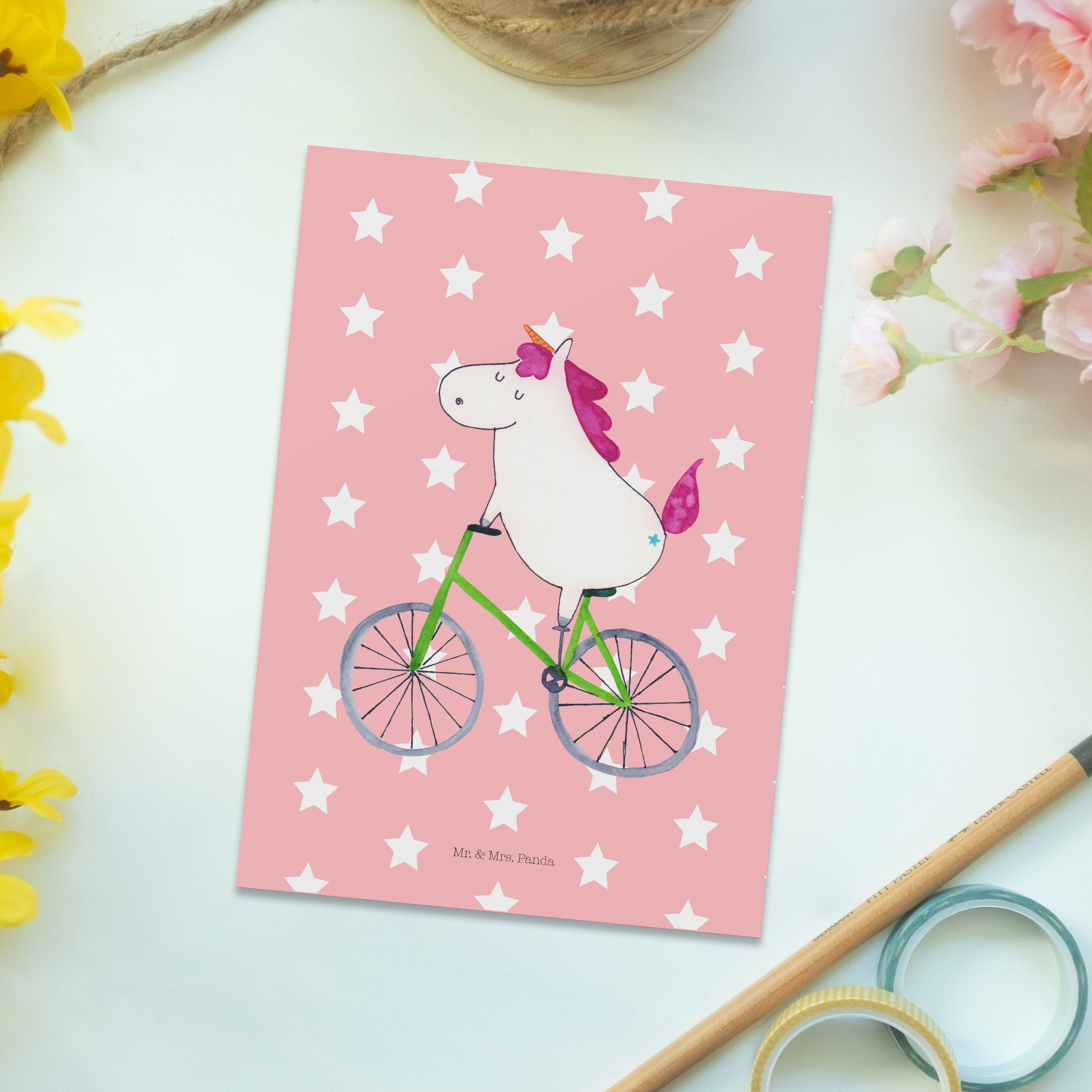 Mrs. Geschenk, Geburtstags - Deko, Pastell Postkarte Radfahrer - Mr. Panda & Einhorn Rot Einhorn