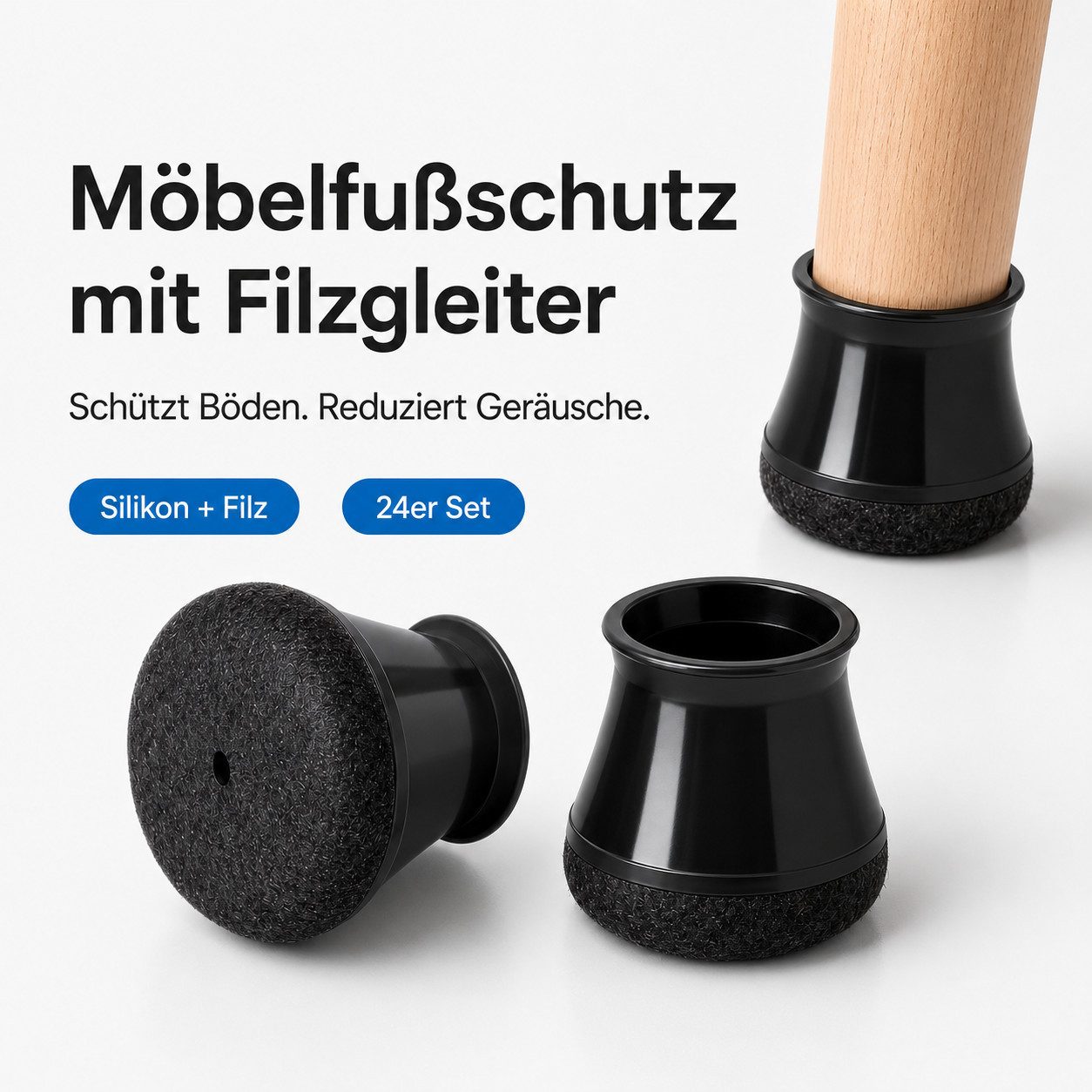 JASLIFE Filzgleiter 24 Stück Stuhlbeinschoner Stuhlbeinkappen mit Filz, Stuhlgleiter Filz, Bodenschonend, rutschfest & leise ideal für Fliesen, Parkett, Laminat