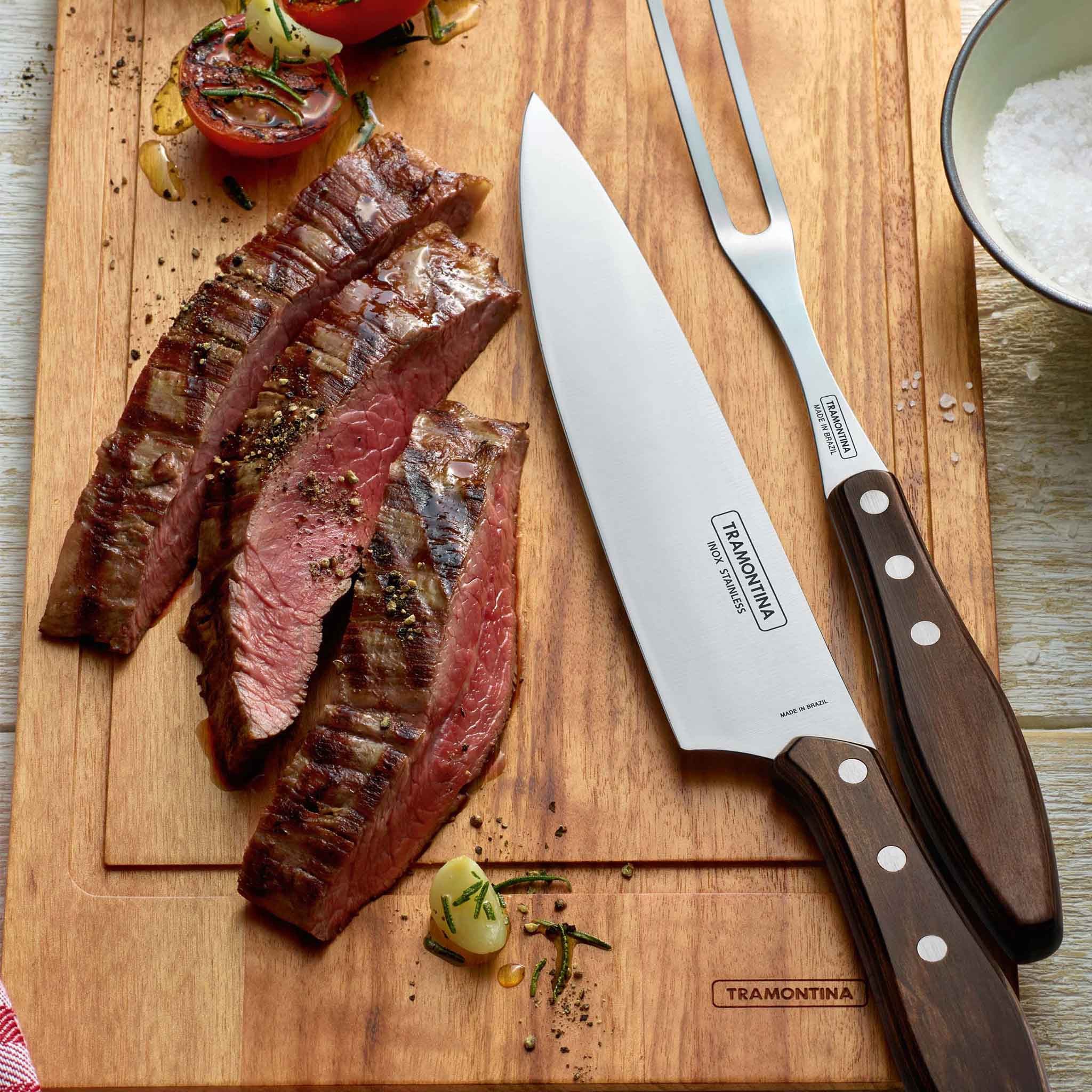 Tramontina Tranchierbesteck CHURRASCO 2-teiliges Set - rostfreier Edelstahl, Holzgriff, rostfrei, FSC-zertifiziert, spülmaschinenfest