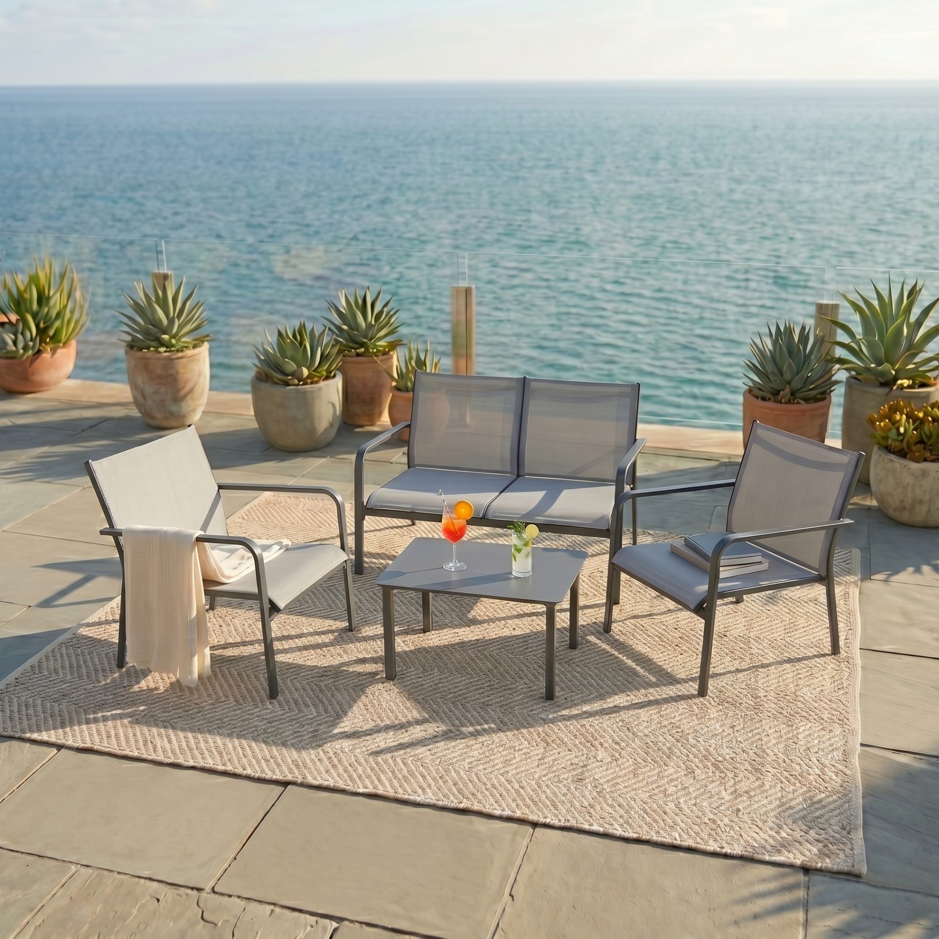 Jati & Kebon Gartenlounge-Set Dransy, Loungeset, Outdoor-Set, (2 Loungesessel, 1 Loungesofa & 1 Loungetisch, 4-tlg), für 4 Personen, Aluminium eisengrau, Textilgewebe