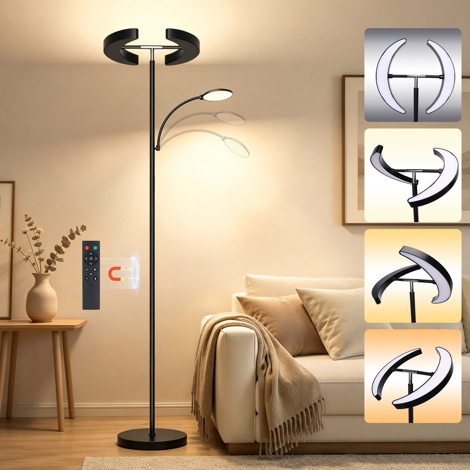 Lujasi LED Stehlampe 36W Stehlampe Wohnzimmer, Modern Deckenfluter mit Fernbedienung, Schwarz Stehleuchte, LED fest integriert, Kaltweiß/natürliches Licht/Warmweiß, 28W mit 8W Leselampe 4 Lichtfarben für Wohnzimmer, Schlafzimmer, Büro