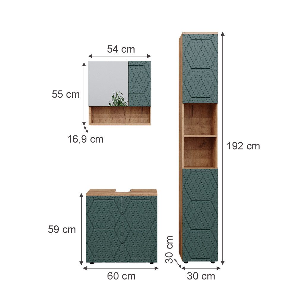 Vicco Badmöbel-Set Irma, Goldkraft Eiche/Grün, 3 Teile, mit Hochschrank, (3-er Set, 3-St., 3er Set)