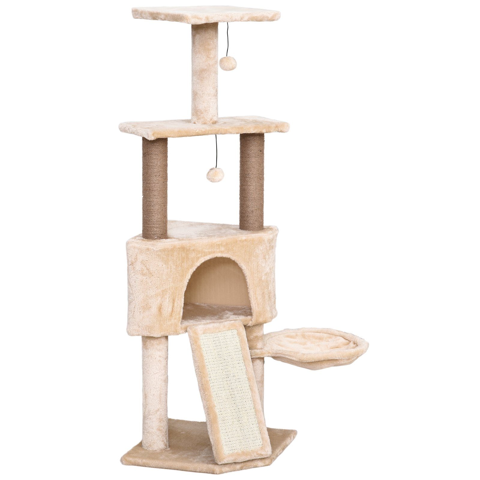 PawHut Kratzbaum mit Haus, 2 Plattformen, 5 Kratzstämme, Leiter, Liege, Plüschbezug