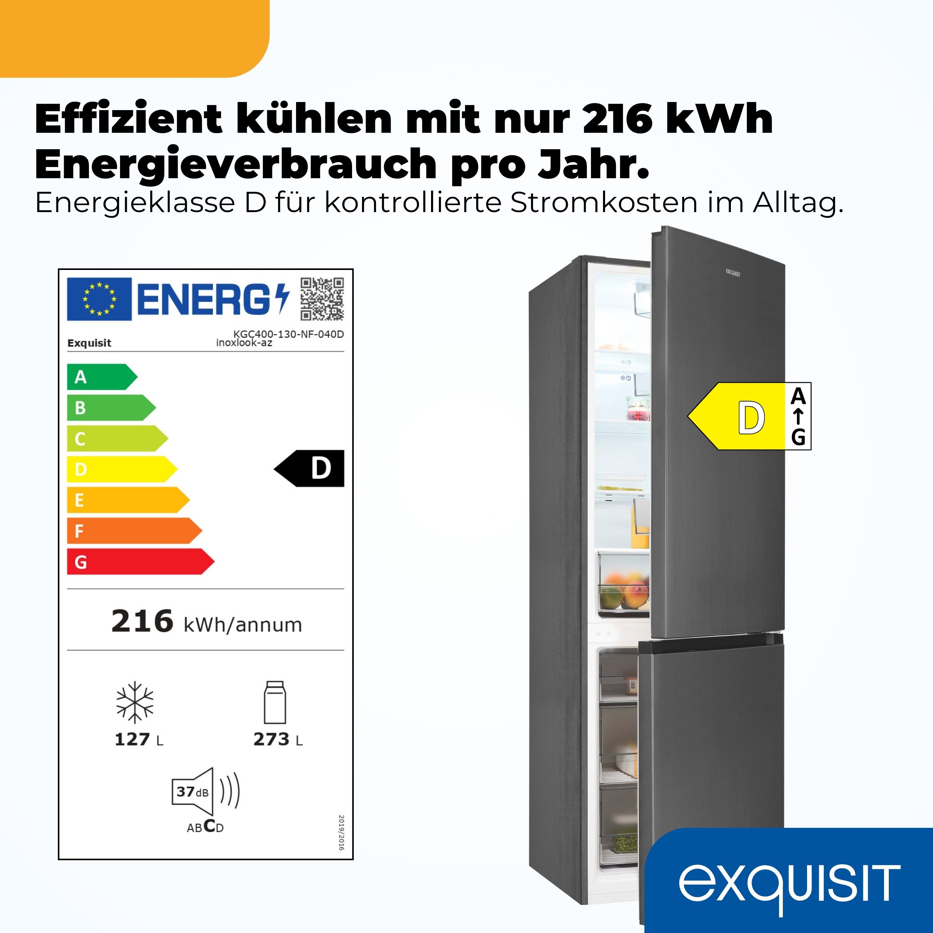 exquisit Kühl-/Gefrierkombination KGC400-130-NF-040D inoxlook-az, 186 cm hoch, 60 cm breit, Humidity Box für optimale Feuchtigkeitsregulierung & kein Abtauen mehr