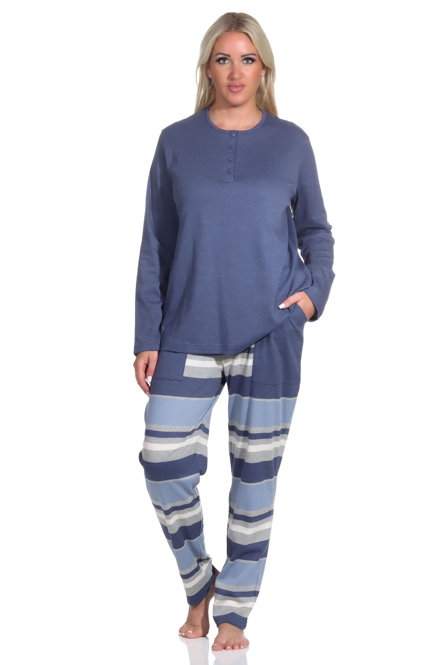 Normann Pyjama Damen Pyjama lang Schlafanzug in kuscheliger Interlock Qualität blau-melange