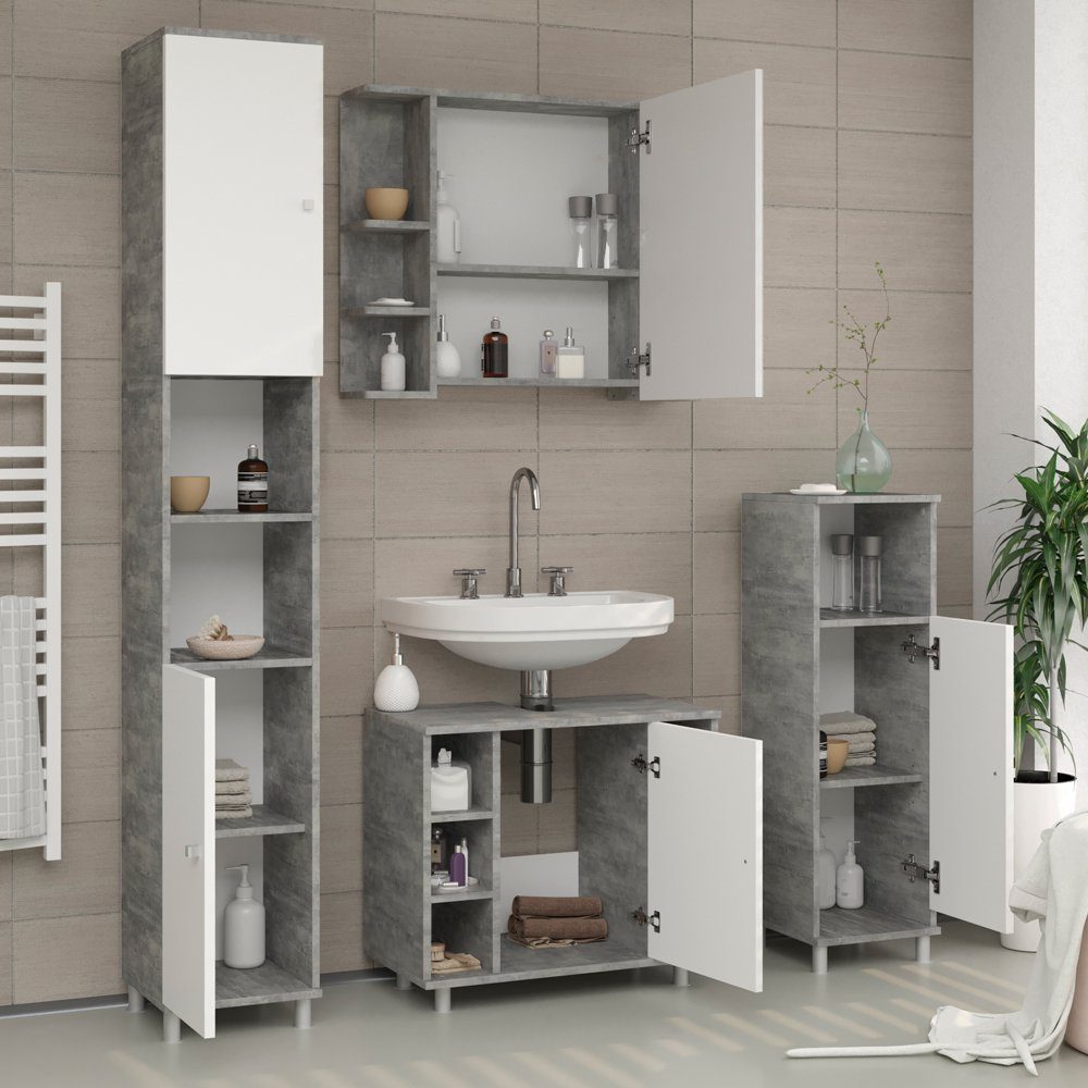 Vicco Badmöbel-Set Fynn, Beton/Weiß, 3 Teile, günstig online kaufen