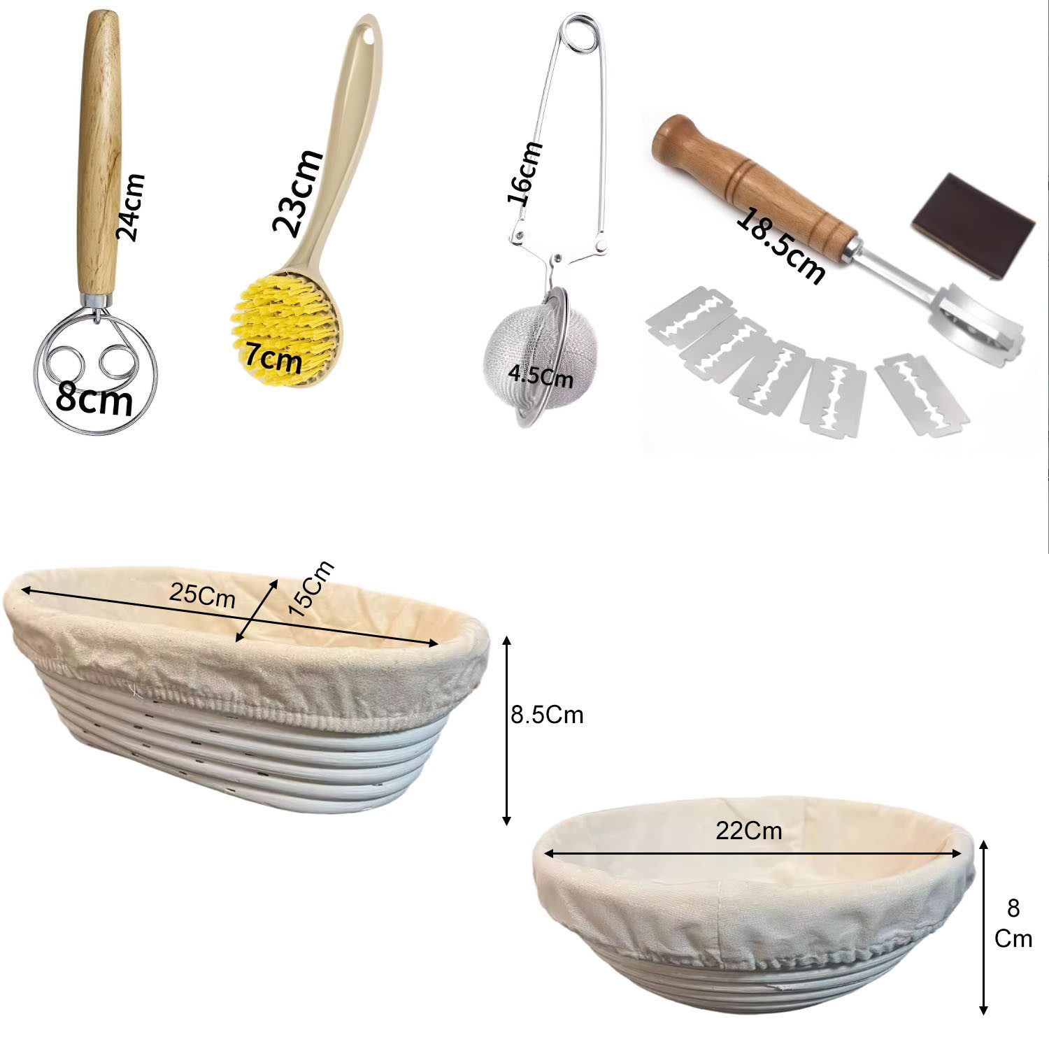 Refined Living Gärkorb Gärkorb zum Brotbacken Bäckermesser Brotbackform Gärkörbchen Oval, (Oval 25 cm und Rund 22cm Innen mit Leinentuch Nachhaltig und Natürlich 1-tlg), 10 stück Backen Zubehör Brotkorb Teigschneider Gärfolie Brot Rattan