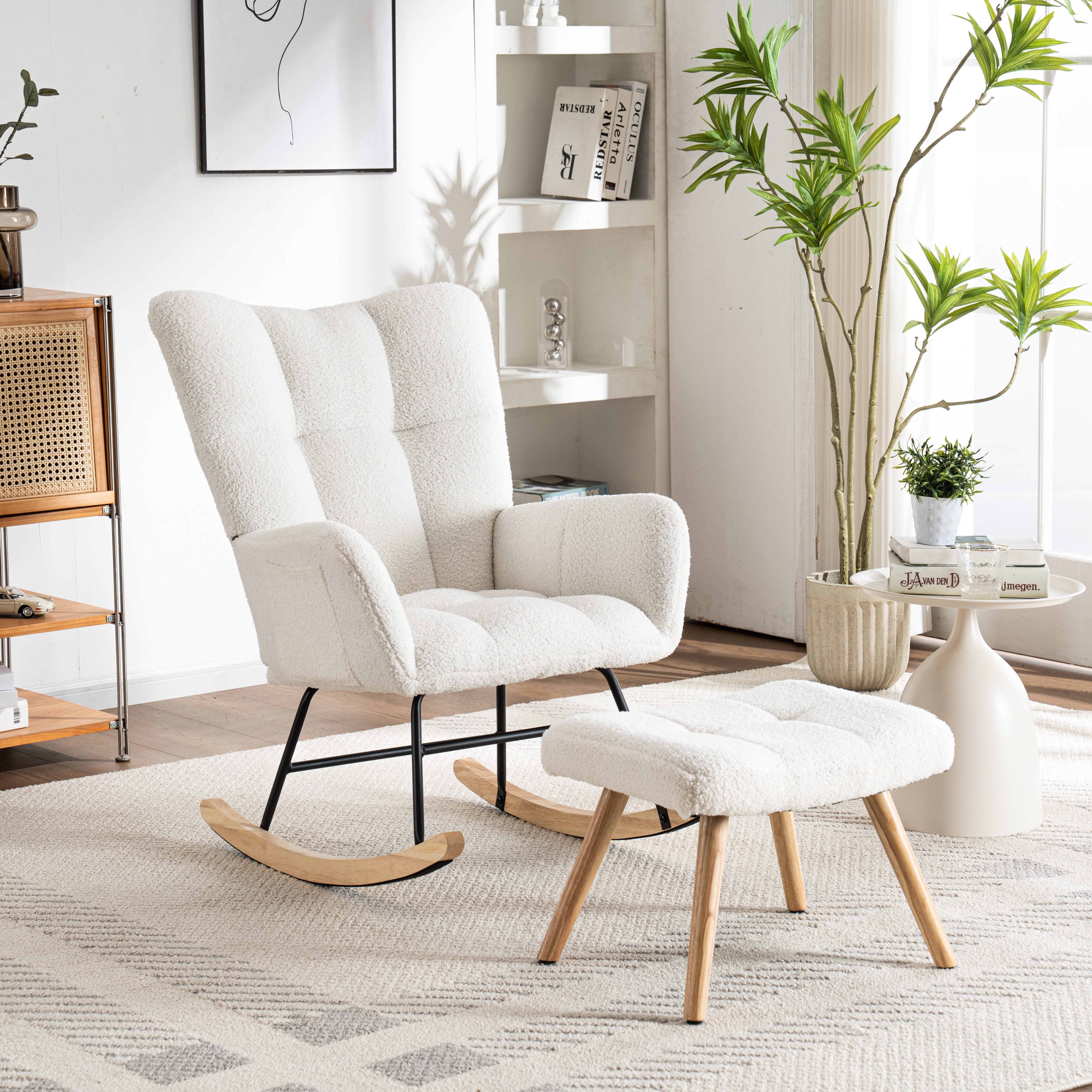 Odikalo Schaukelstuhl Gartenstühle Relaxsessel Polsterstuhl mit Schlaffunktion (Ergonomischer Höhe 92 Sitzbreite 65-inklusive Fußhocker (49*38*38) stabiler Gummiholzrahmen belastbar bis 250 lbs Schaukelstuhl mit Bügeln Loungesessel)