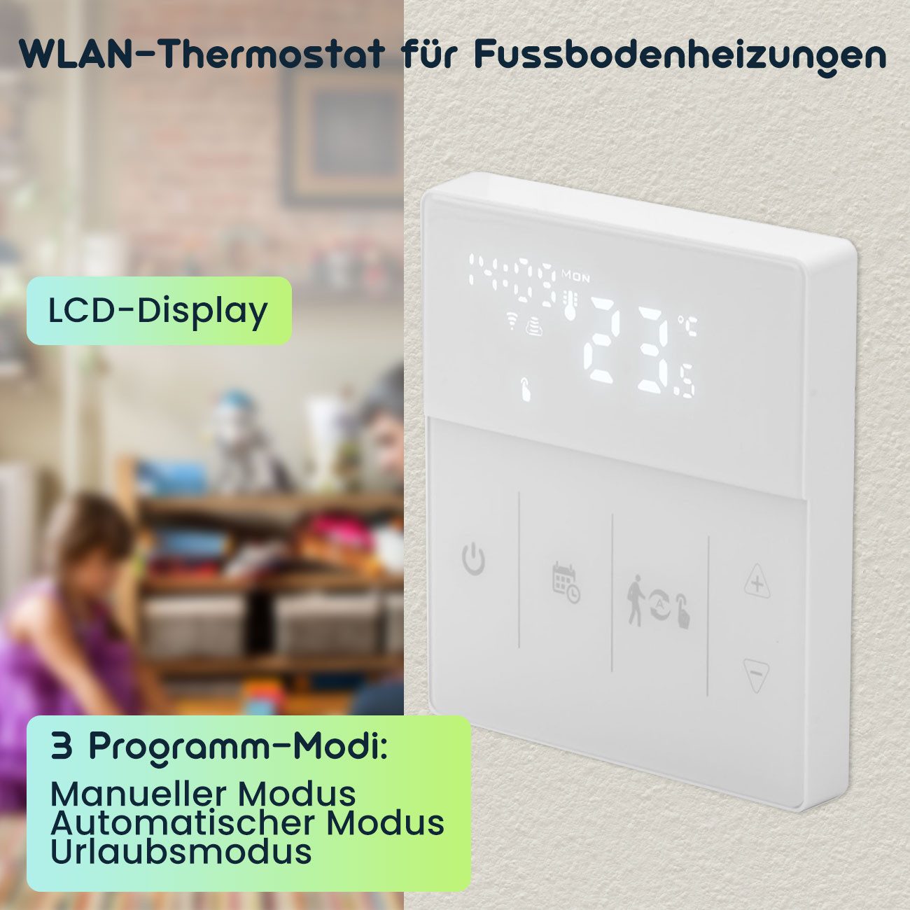 Casativo Raumthermostat WLAN Thermostat Touchscreen-Display für Fußbodenheizung programmierbar, Netzbetrieb, (4-St., 1er-Set & 2er-Set & 4er-Set), App & Sprachsteuerung/3 Programm-Modi/Frostschutz-Automatik