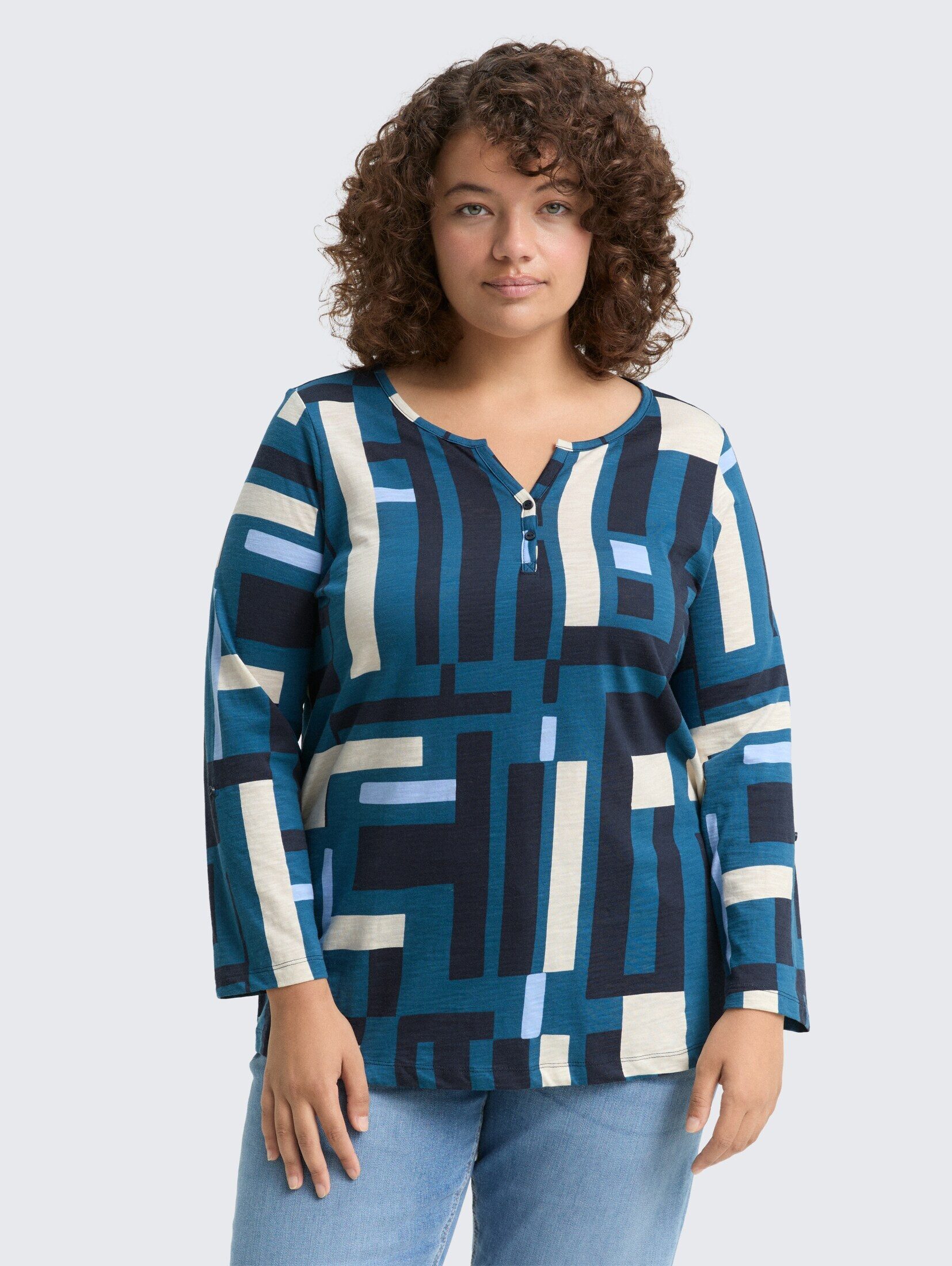 TOM TAILOR PLUS T-Shirt T-Shirt Plus Size - Henley Blusenshirt mit Muster günstig online kaufen