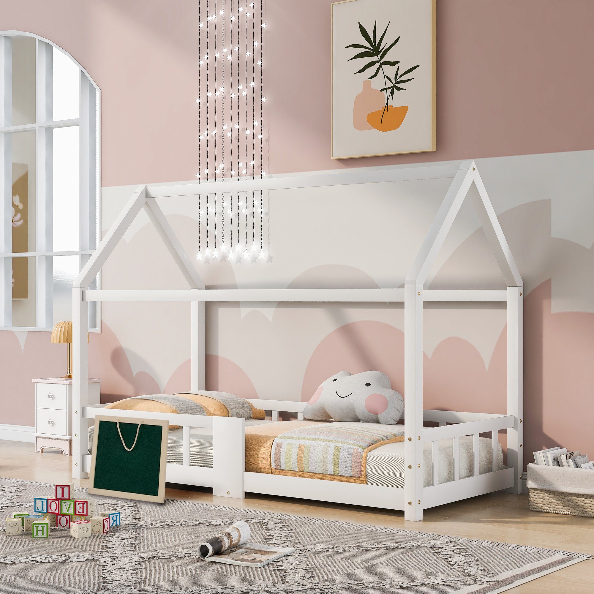 SOFTWEARY Kinderbett Hausbett mit Lattenrost, 90x200 cm, Holzbett aus Kieferholz, Einzelbett mit Rausfallschutz und Zaun, Jugendbett weiß