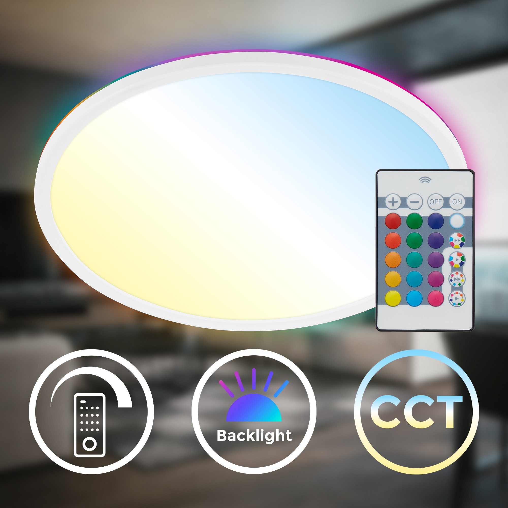 Briloner Leuchten LED Panel flach dimmbar Fernbedienung CCT RGB Backlight, LED fest integriert, 2700 - Extra-Warmweiß, 18W/22W