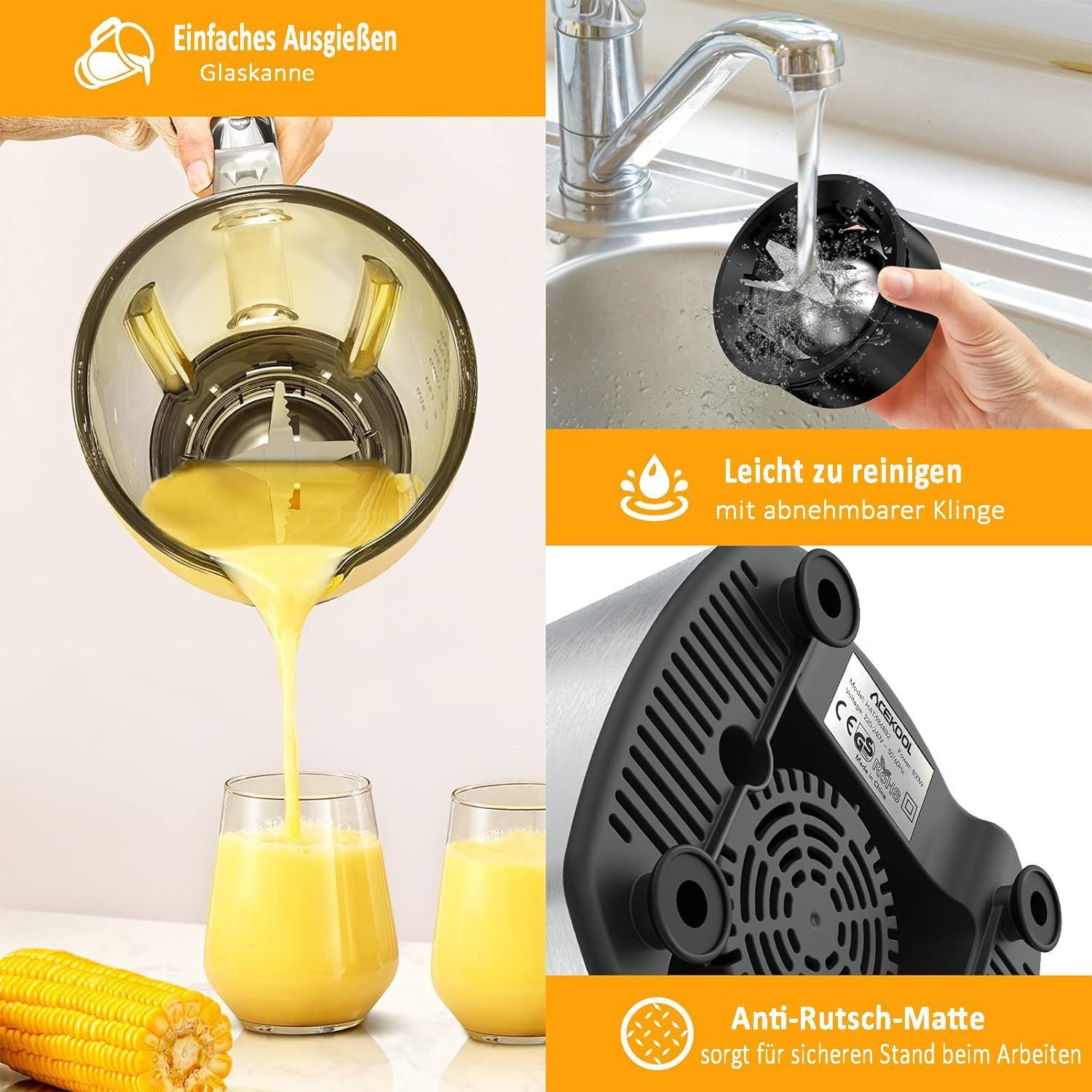 Fyrove Standmixer 3-in-1 Standmixer Mixer Smoothie Maker mit 1,5 L Mixbehälter, 600,00 W