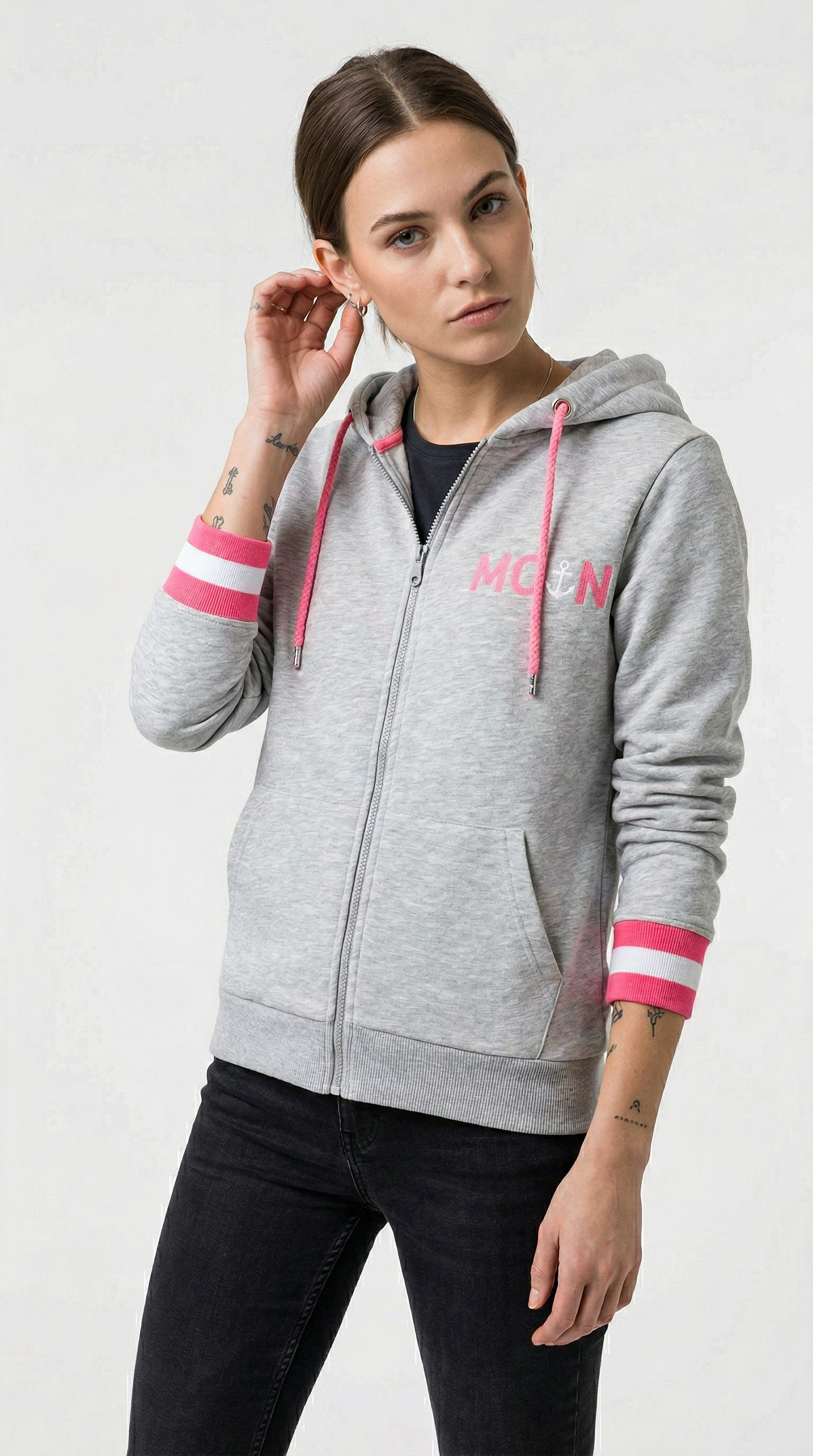 Zwillingsherz Kapuzensweatjacke "Rahel" Langarm, Kapuze, Reißverschluss, modisch, Schriftzug, Taschen