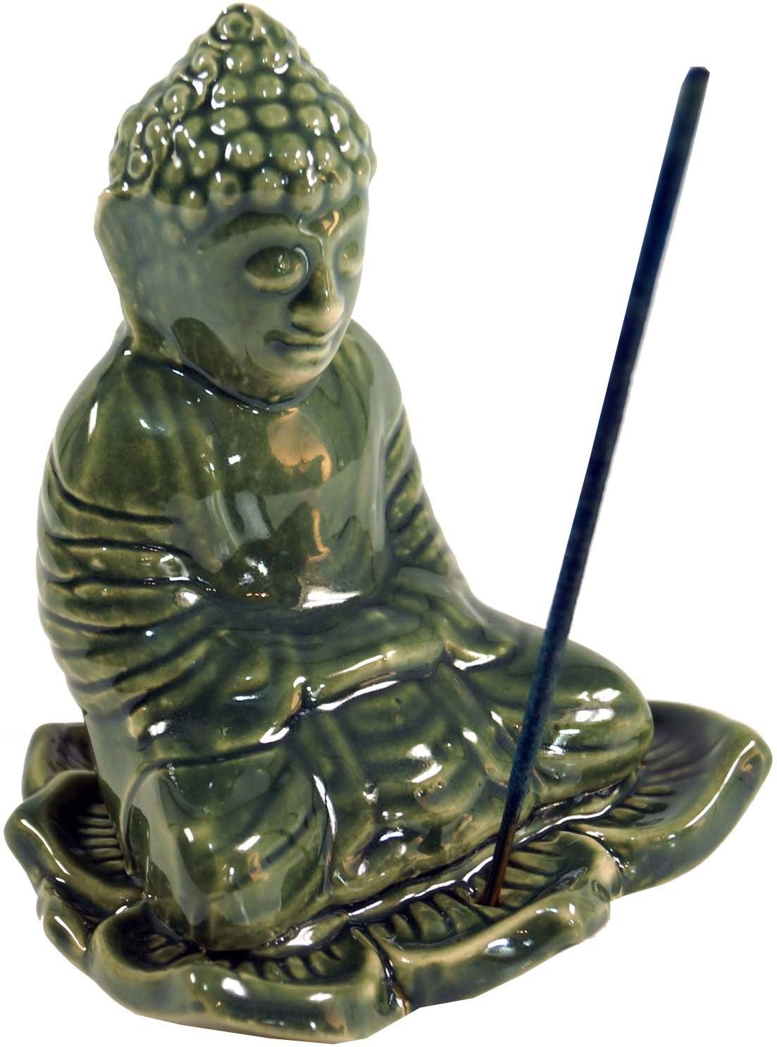 Guru-Shop Räucherstäbchen-Halter Räucherstäbchenhalter Buddha aus Keramik grün -.. Modell 22