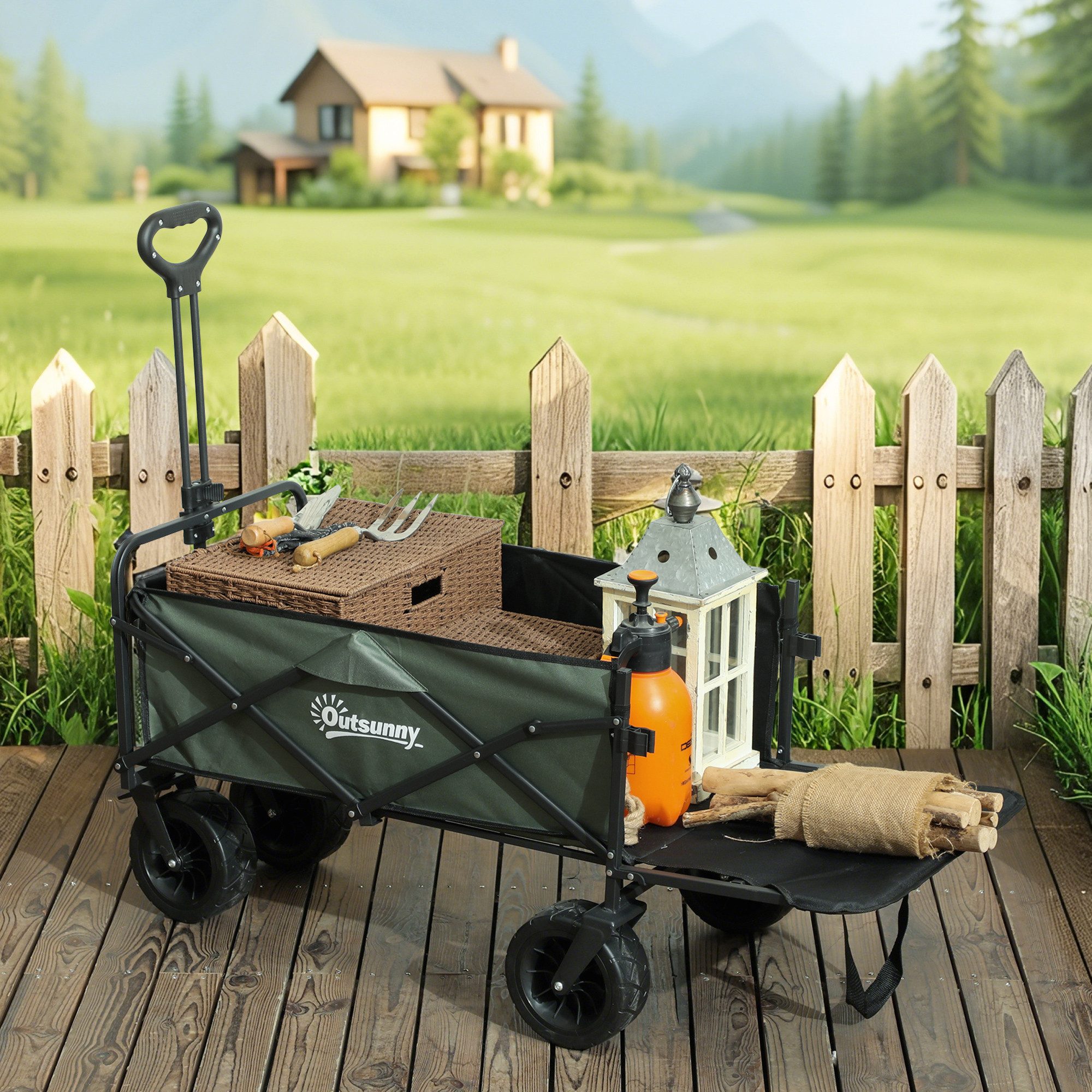 Outsunny Bollerwagen klappbar, mit herausnehmbare Plane, Griff, Rädern, Lenkachse (Gartenwagen 120 kg belastbar, 1-tlg., Transportwagen), 95 Liter Gerätewagen für Haus Garten, Grün