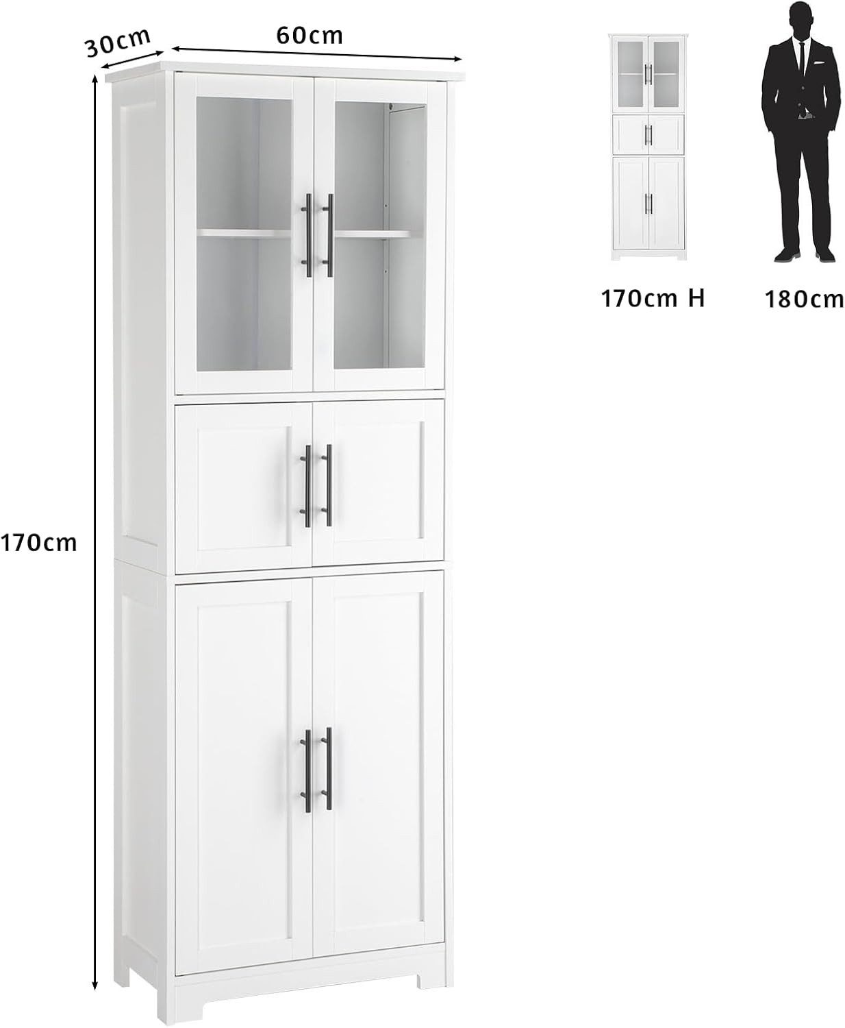Karlhome Vitrine mit 6 Türen, Küchenschrank Hochschrank Buffetschrank, 60x30x170cm 6-türiger Kleiderschrank für Schlafzimmer, Flur, Gästezimmer