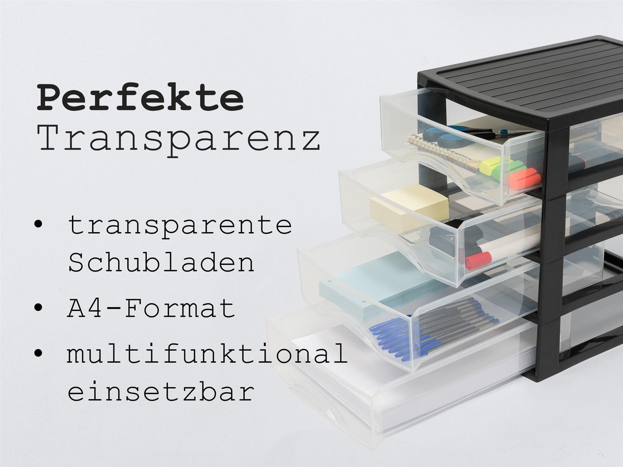 Hausfelder Schubladenbox Schubladenschrank A4 mit 3 Schubladen, 3 Stück inkl. Aufkleber, (3-St., A4 mit 3 Schubladen + Aufkleber), klare Sicht, einfache Organis – Bild 4 von 5