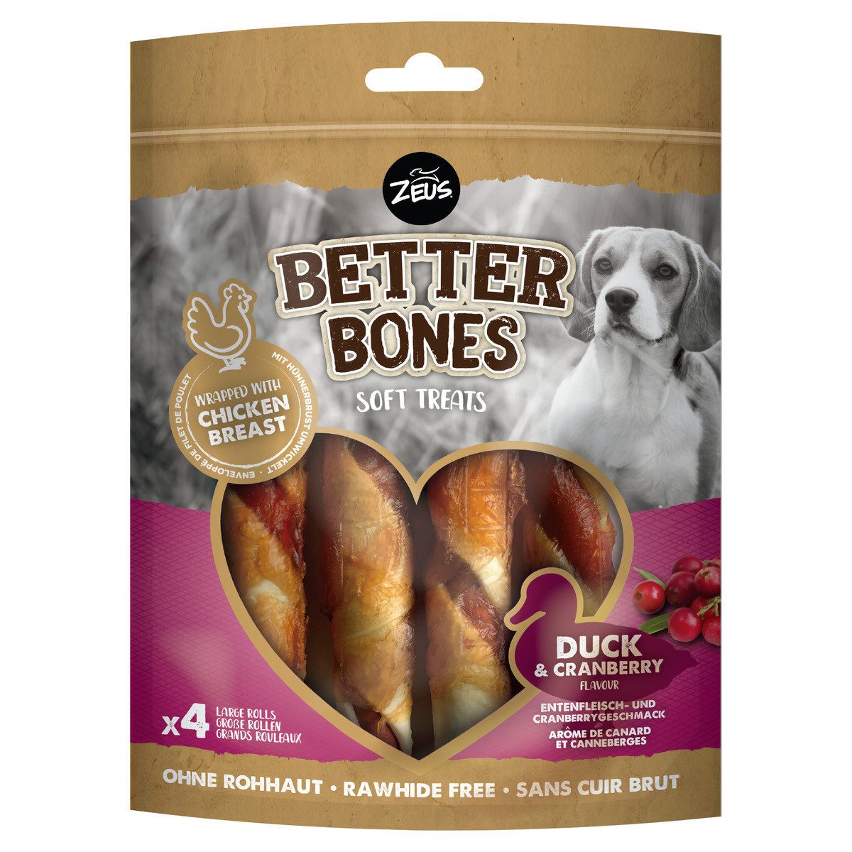 Zeus BetterBones Rolls mit Ente & Cranberry - 4er Pack, für: Hund