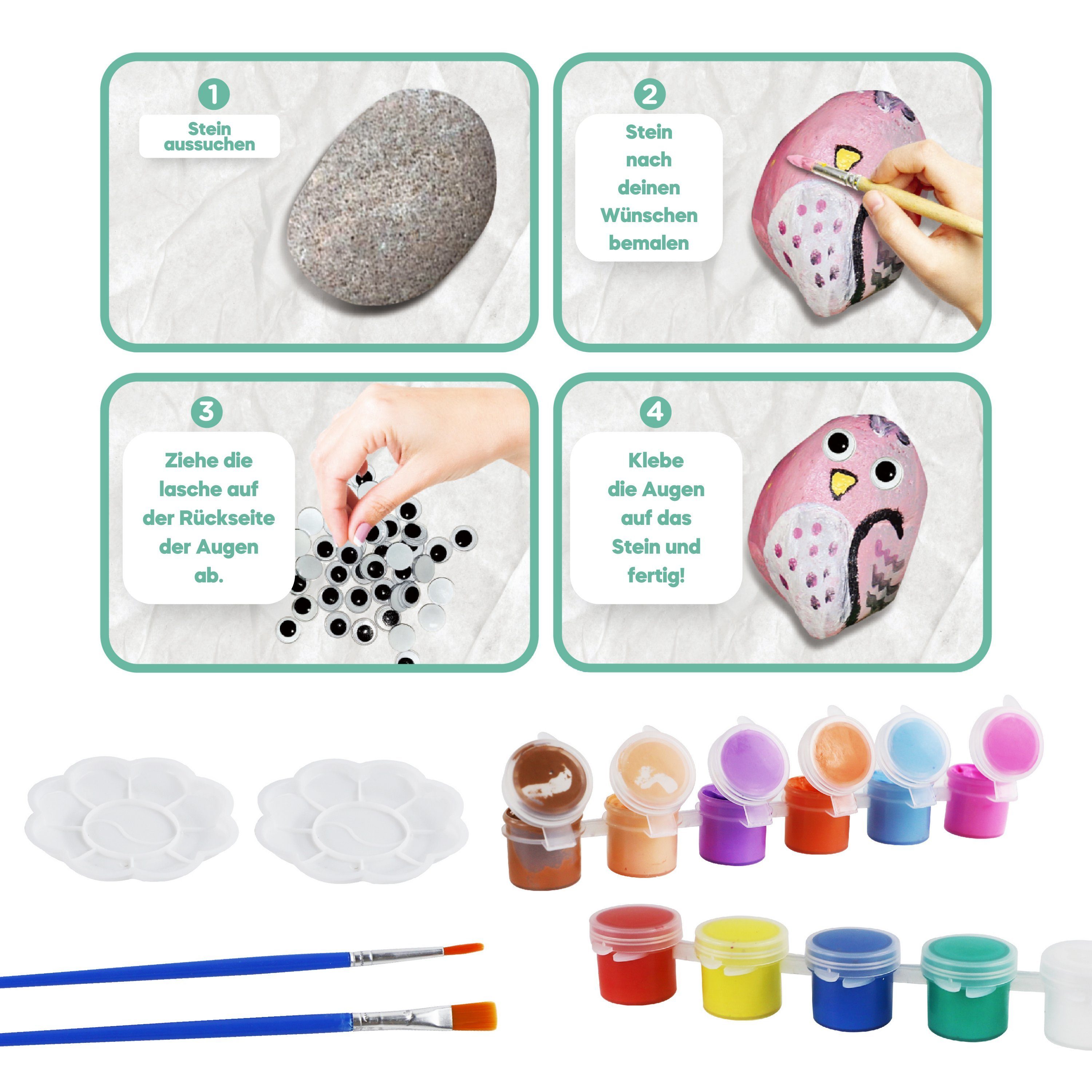 Coradoma Kreativset Steine zum Bemalen DIY Set Bastelset Kinder Malen Kreativ, (Bastelset, 10 Steine + 2 Leuchtsteine)
