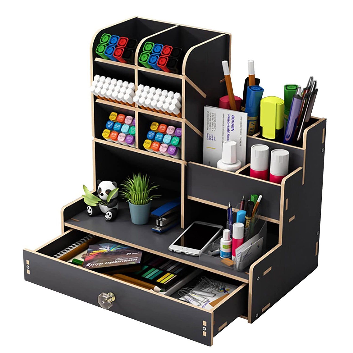 zggzerg Regal-Schreibtisch Große Aufbewahrungsbox für Schreibwaren mit Schubladen Schwarz