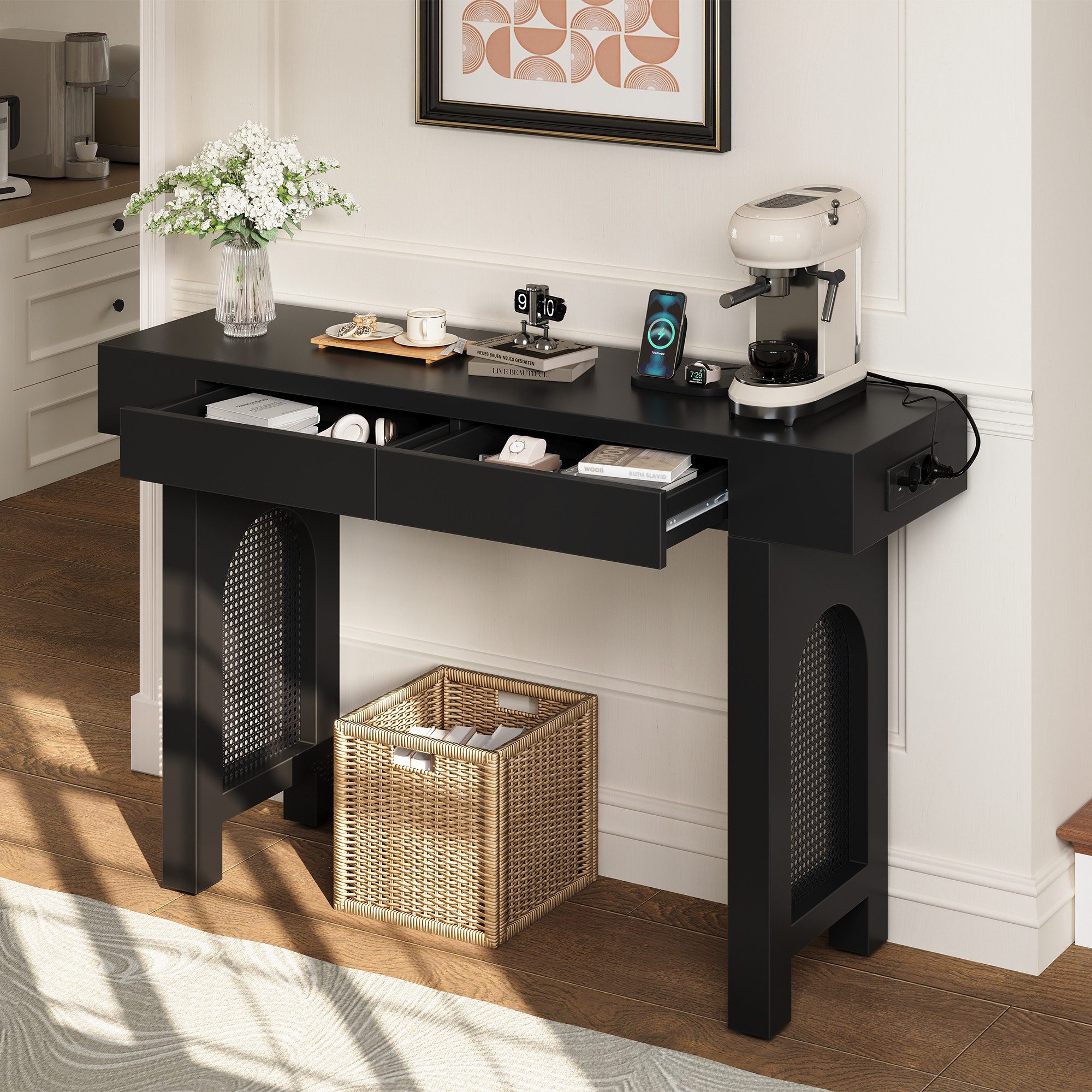 HAUSS SPOLE Konsolentisch mit Schubladen&Steckdosenleiste Gitterdesign,Beistelltisch in Schwarz (Wohnzimmertisch Frisiertisch mit Gitterdesign und verstellbaren Fußpolstern, für kleine Gegenstände des täglichen Bedarfs), Schmaler Kosmetiktisch Schminkkommode mit Stauraum und Tischbeinen