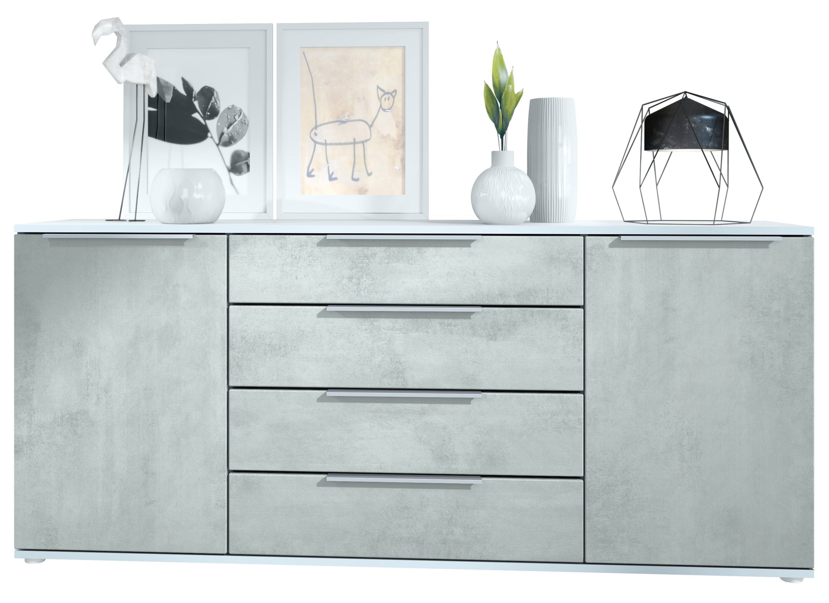 Vladon Sideboard Linio (Anrichte, mit 2 Türen und 4 Schubladen), Weiß matt/Beton Oxid Optik (166,5 x 72,5 x 35 cm)