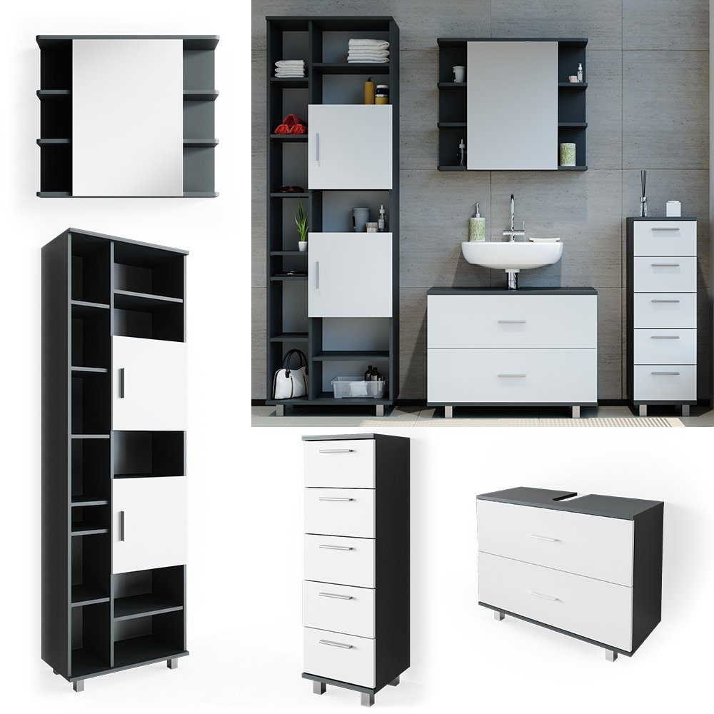 Vicco Badmöbel-Set Ilias, Anthrazit/Weiß, 4 Teile, mit Hochschrank, (3-er Set, 4-St., 4er Set)