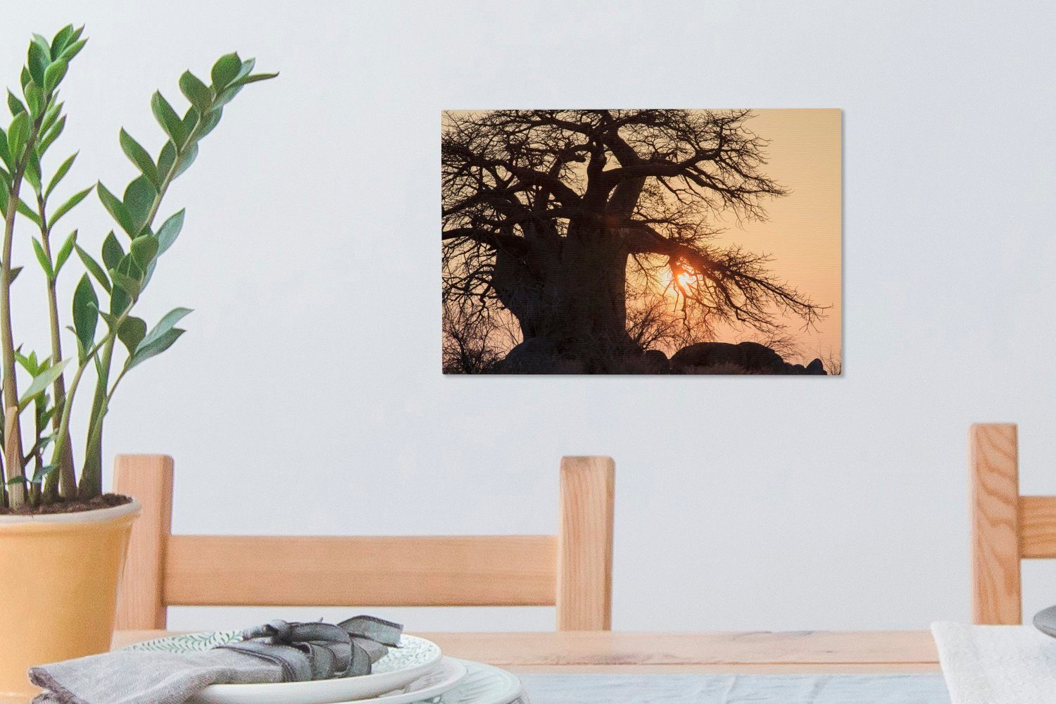 OneMillionCanvasses® Leinwandbild Aufhängefertig, (1 Pans Sonnenuntergang National, im Wandbild Leinwandbilder, Makgadikgadi 30x20 bei cm Großer Wanddeko, St), Baobab-Baum