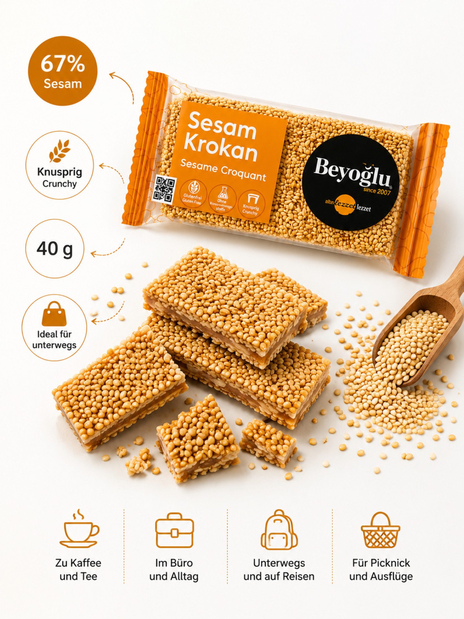 Beyoglucitiri Cerealien Beyoğlu Sesam Krokant 40 g – glutenfrei und knusprig, 1 x 1 St., Glutenfrei; Knusprig; Ohne Konservierungsstoffe; Mit 67 % Sesam