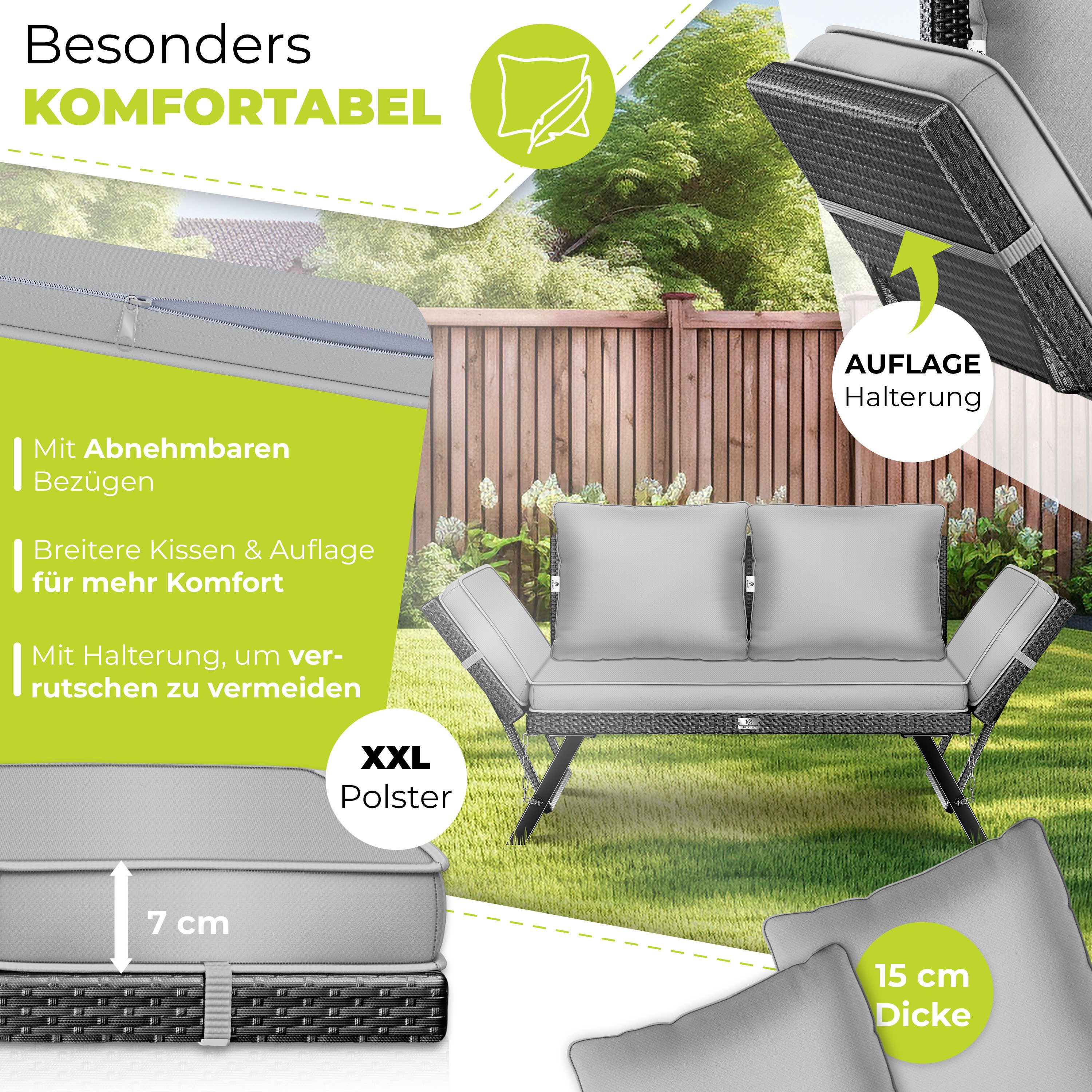 KESSER Gartenbank Polyrattan Gartensofa 4-in-1 mit Liegefunktion & Verstell-Funktion (Gartencouch mit Sitzkissen & Rückenkissen Extra Dicke & Weiche Polster), Balkon-Sofa Wetterfest für Garten, Balkon & Terrasse